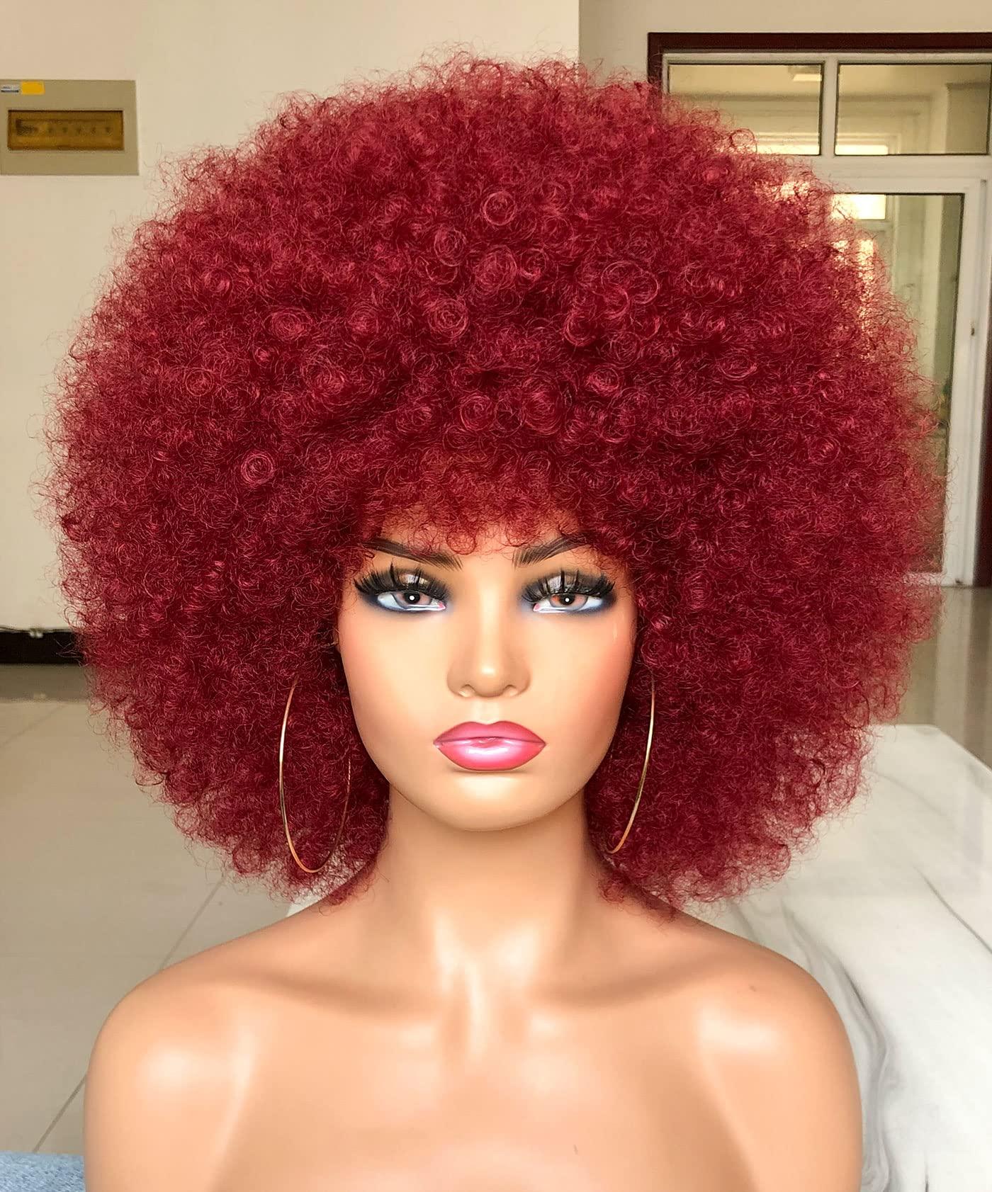 HIHOO HIHOO Short Afro Wig with Bangs for Black Women Afro Kinky Curly Wig 70s Premium Synthetic Big Afro Wig(BUG)