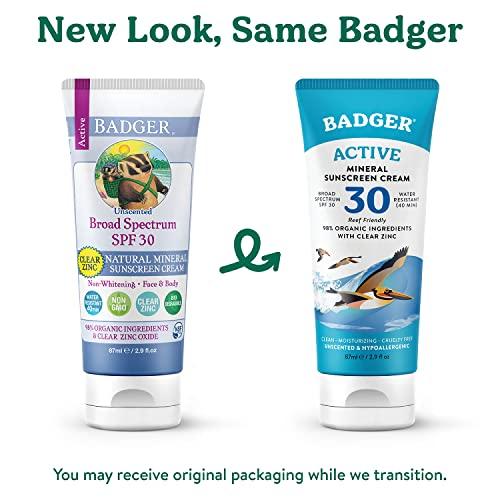 Badger Badger Mineral Sunscreen Cream SPF 30, All Natural Sunscreen with Zinc Oxide, 98% Organic Ingredients, Reef Safe, Broad Spectrum, Water Resistant, Unscented, 2.9 fl oz (2 Pack)