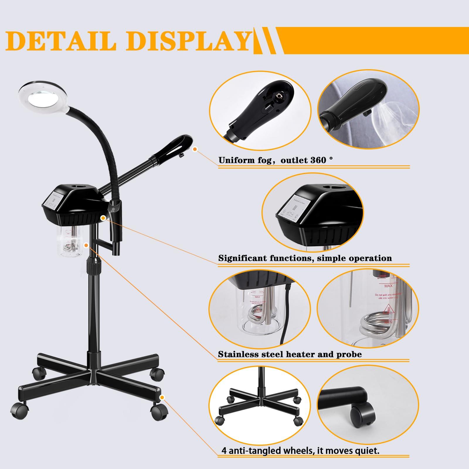 lailelaodi Facial Steamer Professional, 2 in 1 Ozone Facial Steamer on Wheels, with 5X Magnifying Lamp, Facial Steamer with Time Setting, Stand Facial Steamer Adjustable Height for Spa, Salon and at Home use