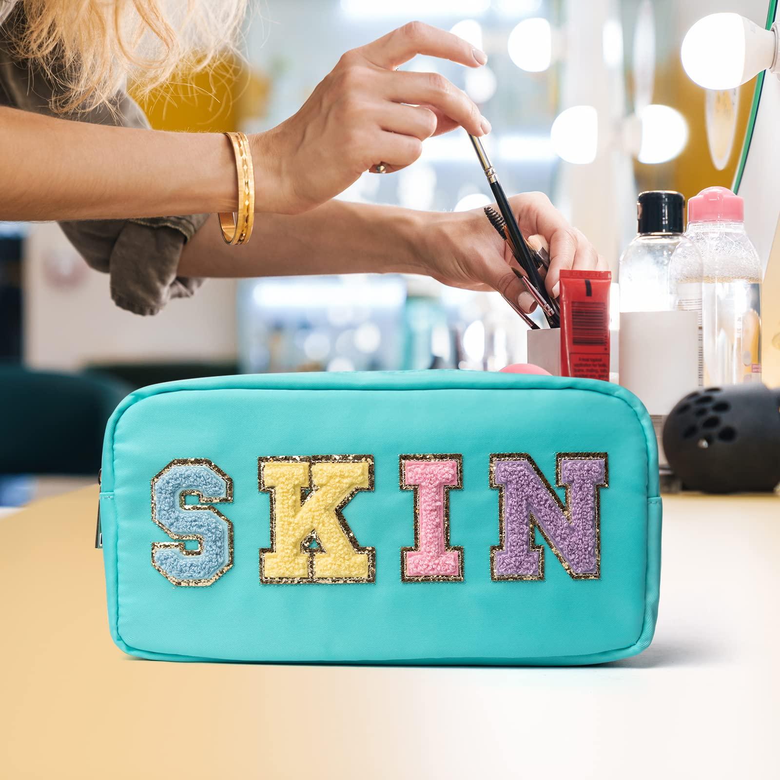 Zoosa Sparkle Chenille Initial Cosmetics Clutch, Nylon Preppy Patch Makeup Bag Small Travel Makeup Zipper Pouch Purse with Handle