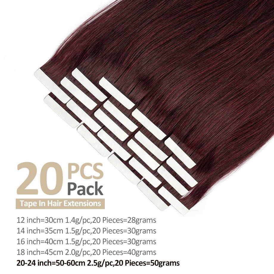 YUXING1205 YUXING1205 #99J 20/40pcs Wine Red Tape in Hair Extensions Real Human Hair Invisible Seamless Burgundy Human Hair Tape in Extensions(40 pcs,20 inches)