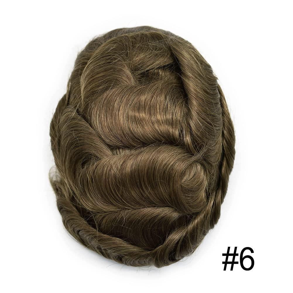 Generic Mens Hairpieces and Toupees Full Poly Mens Hair System Human Hair Mens Toupee Replacement Hairpiece for Men Protesis Capilar Para Hombre 6# LIGHT BROWN 120% density 8x10