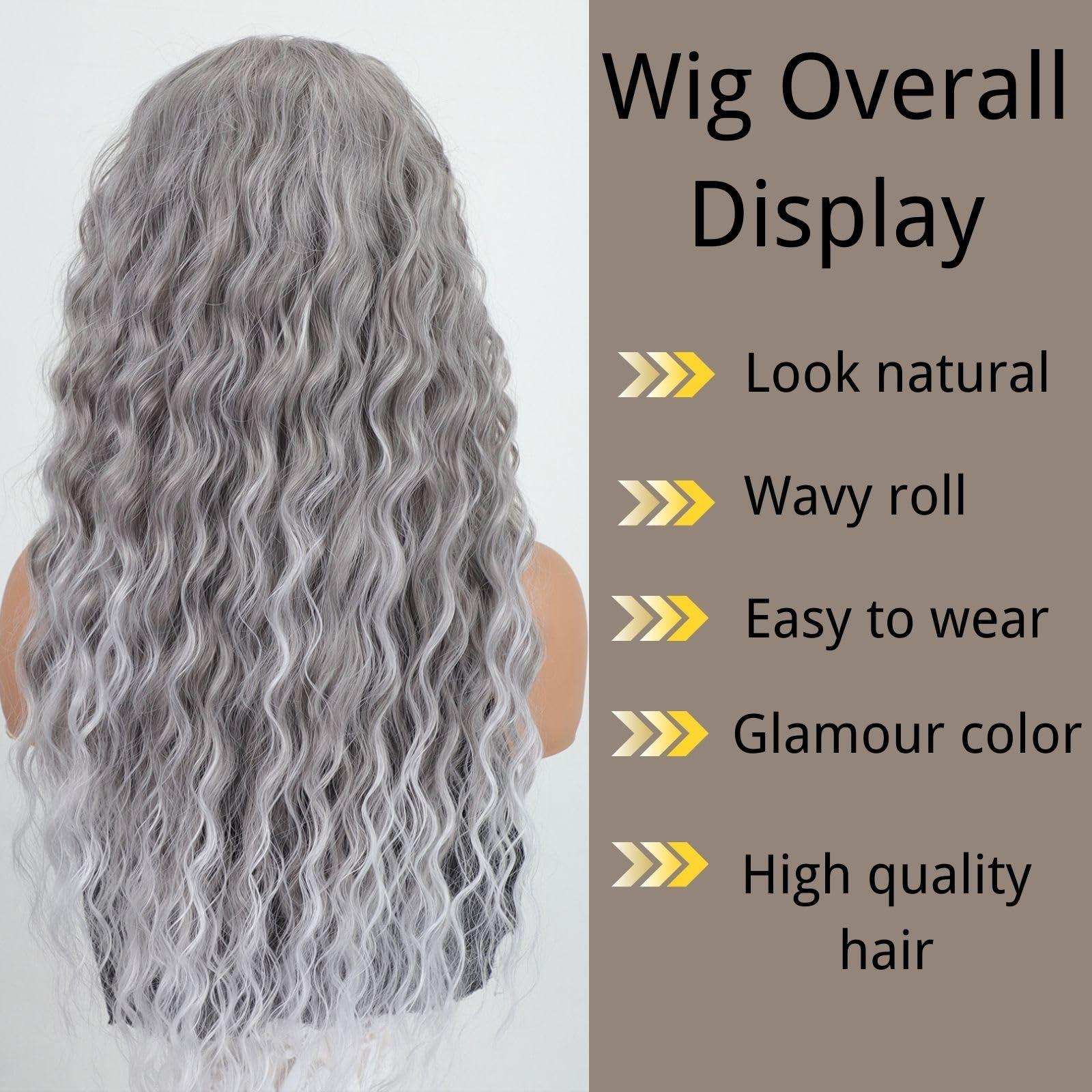 Fencca Fencca Grey Long Curly Wig Synthetic Mixed Gray Wave Curly Wigs for Women Free Part Full Curly Wig Layered Long Wavy Grey Wig