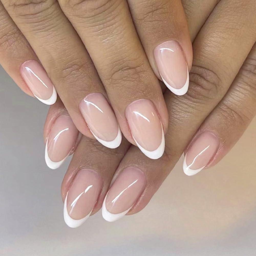 CEWEWP 24Pcs Fake Nails Short Almond Press on Nails CEWEWP White French Tip Nails for Women Real Nude Glue on Nails Short Acrylic Nails Press on Natural Gel Oval Stick on Nails Strong False Nails Set