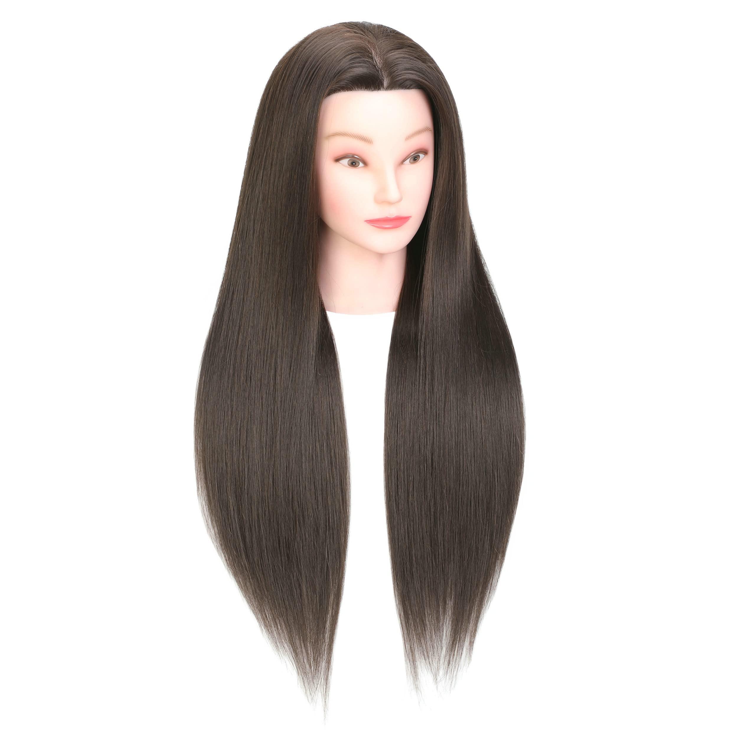 LOHXINHAIR LOHXINHAIR 30 Inch Long Brown Hair Mannequin Head 20% Human Hair Manikin Cosmetology Doll Training Head for Hairdresser Practice Braiding Styling Curling Cutting Updos Display with Table Clamp Stand