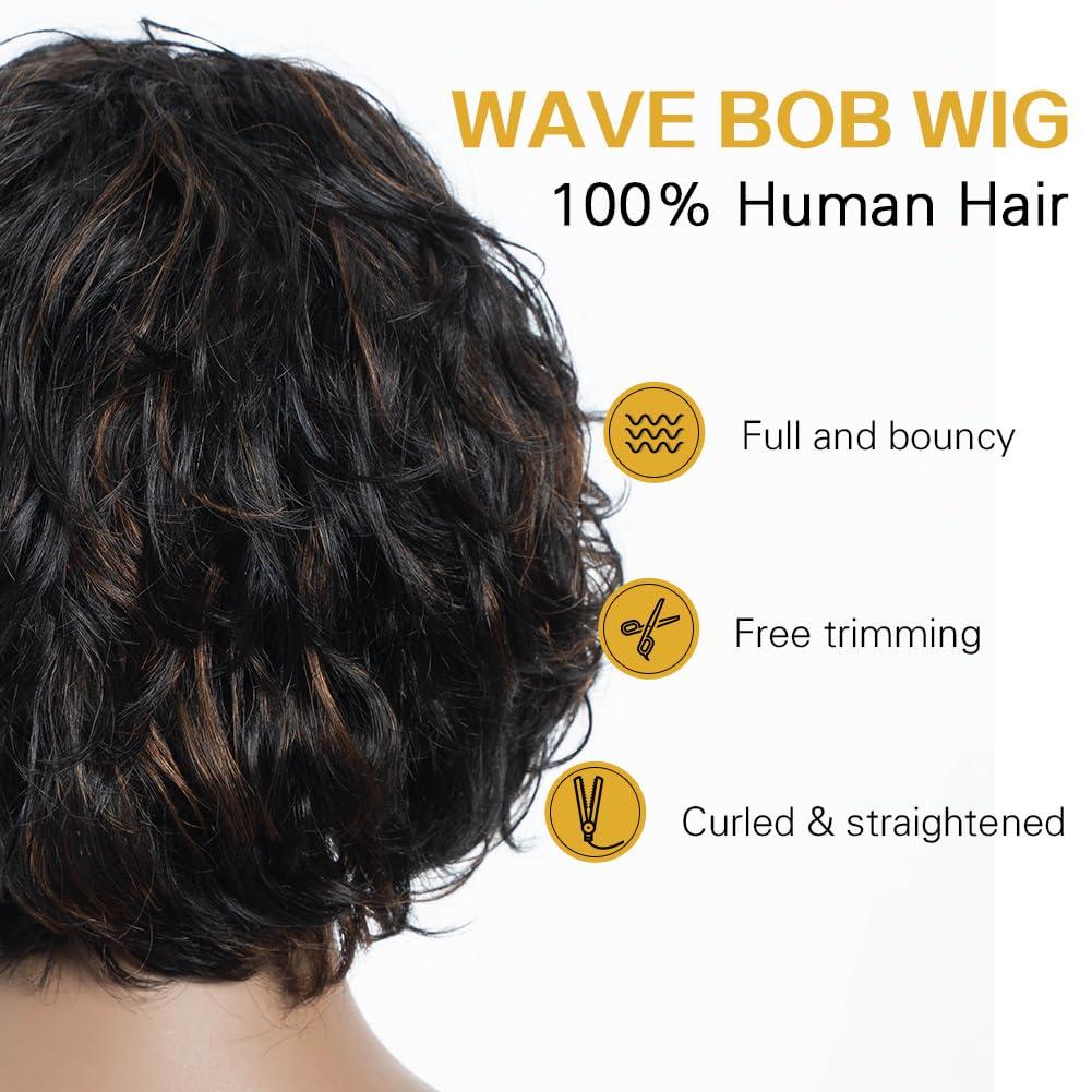 JOEDIR HAIR JOEDIR HAIR Short Curly Wave Bob Wig with Bangs Pixie Cut Human Hair for Women Short Curly Bangs Wigs Curly Bob Glueless Wig 150% Density (Black mixed Brown)