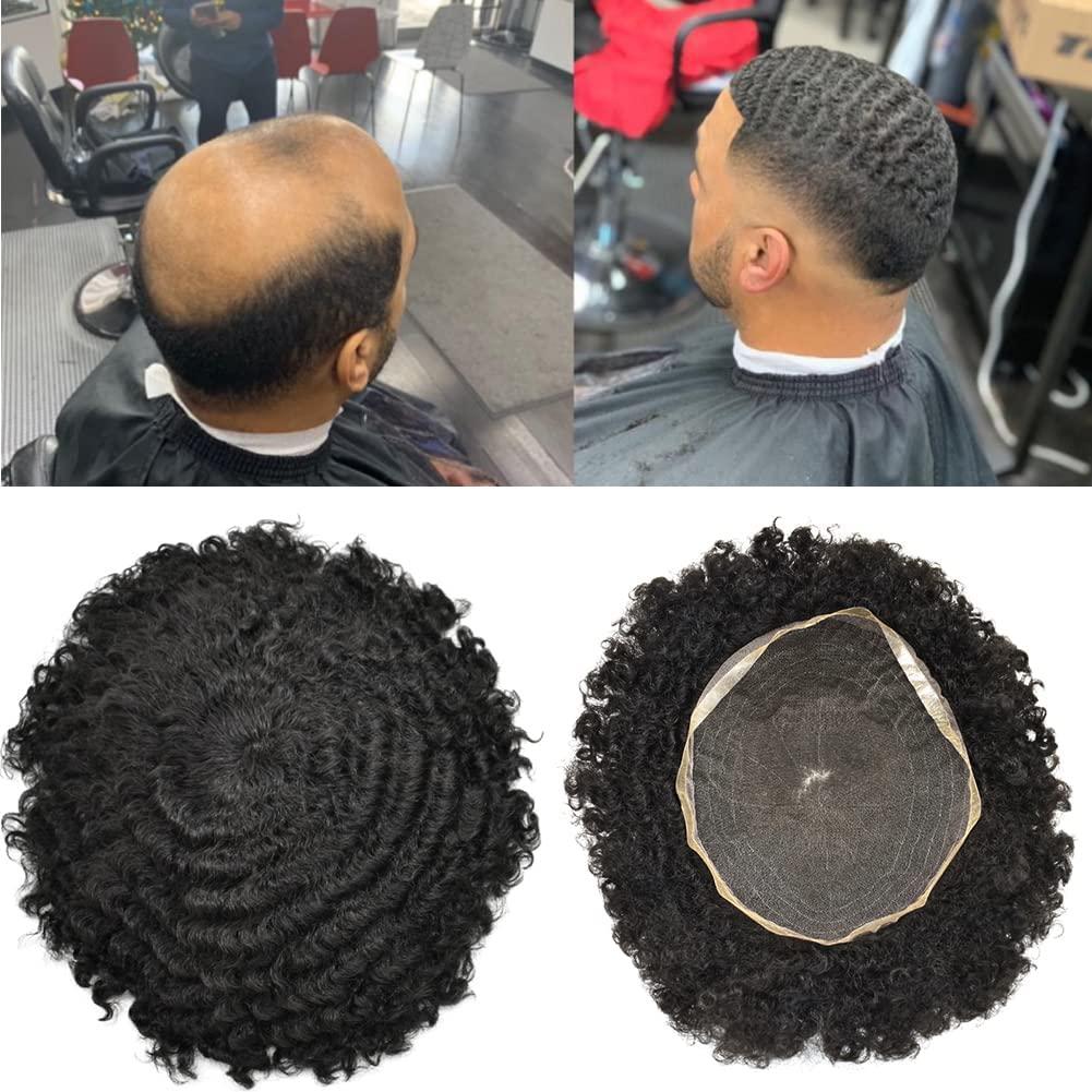 Curve Hair Afro Toupee for Men Afro Curl Hair Pieces for Black Mens Human Hair Replacement System 8x10\" Full Lace Hair Units Jet Black 12mm Mens Waves