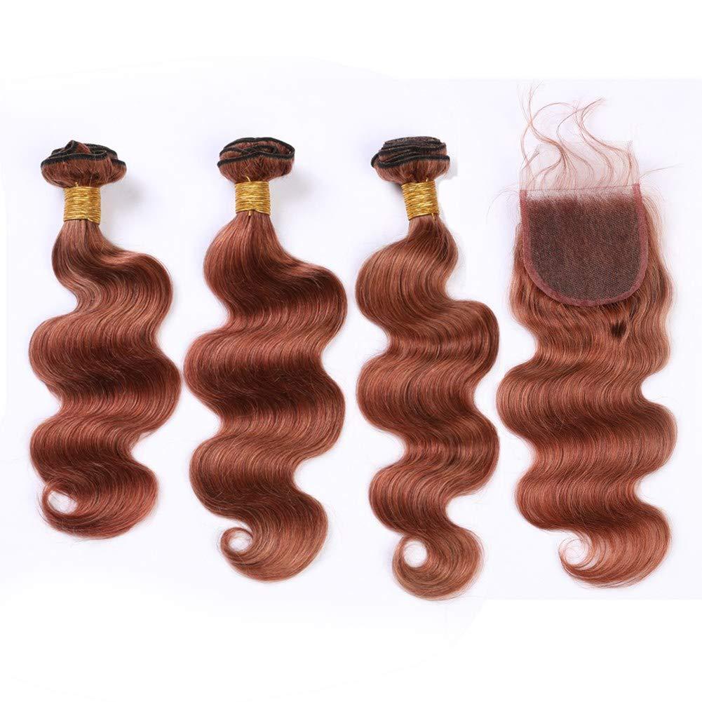 Tony beauty hair Tony Beauty Hair #33 Dark Auburn Body Wave Hair Bundles with Closure Copper Red Brazilian Wavy Human Hair Weaves with Closure Reddish Brown Lace Closure 4x4 with 3 Bundles (14 16 18+14)