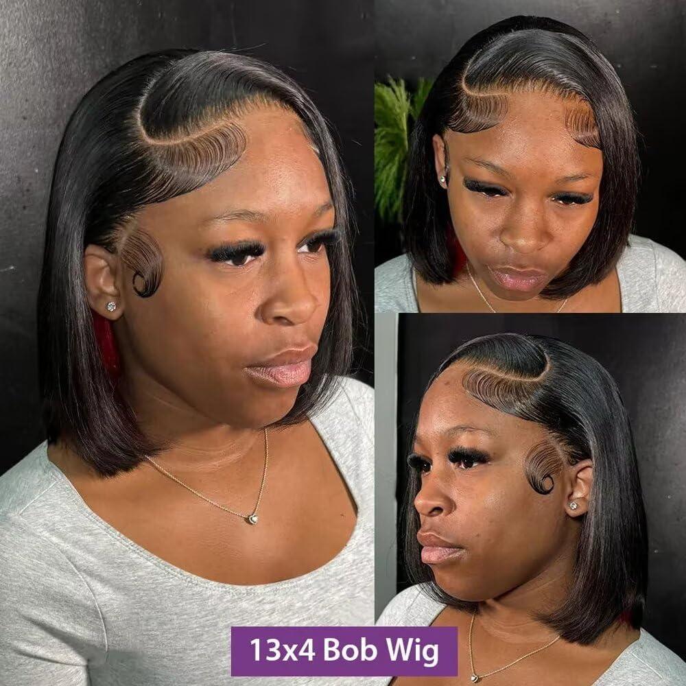 oulaer Short Bob Cut Wigs 180% Density Bone Straight Human Hair Wig For Black Women HD Transparent Lace Front Wig Pre Plucked With Baby Hair Brazilian Virgin Hair Short Wigs Bleached Knots 16Inch