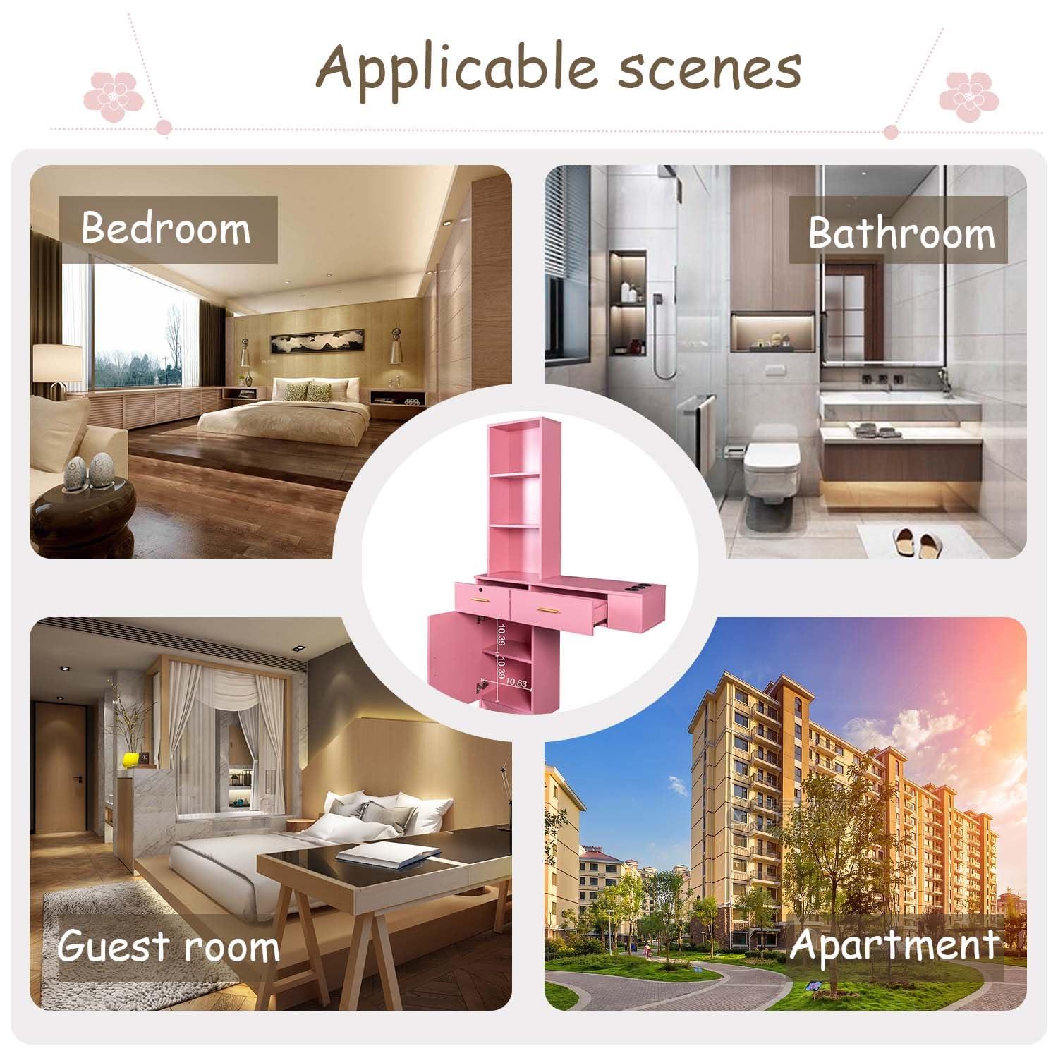 Shuoya Jewelry Salon Stations, Barber Stations Vanity Desk with Open Storage Shelf and Drawers, Hair Styling Equipement Set for Hair Stylist Bedroom Make Up Room Girls Women (Pink)