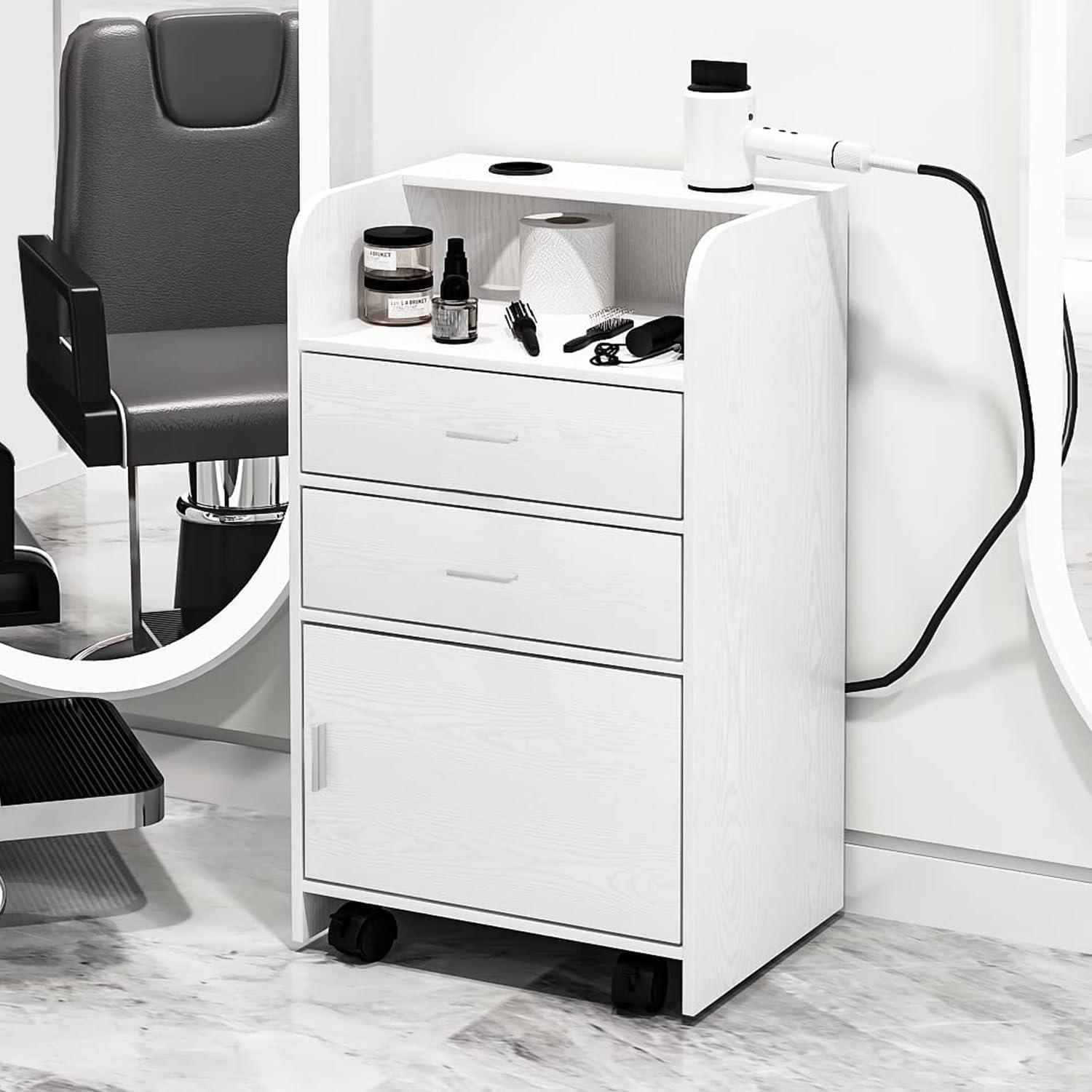 4ever2buy Beauty Salon Station, Rolling Beauty Station for Hair Stylist, Hair Salon Station Storage Cabinet with Wheels, Salon Table with 2 Drawers, Stylist Storage Cabinet with 2 Hair Dryer Holders (White)
