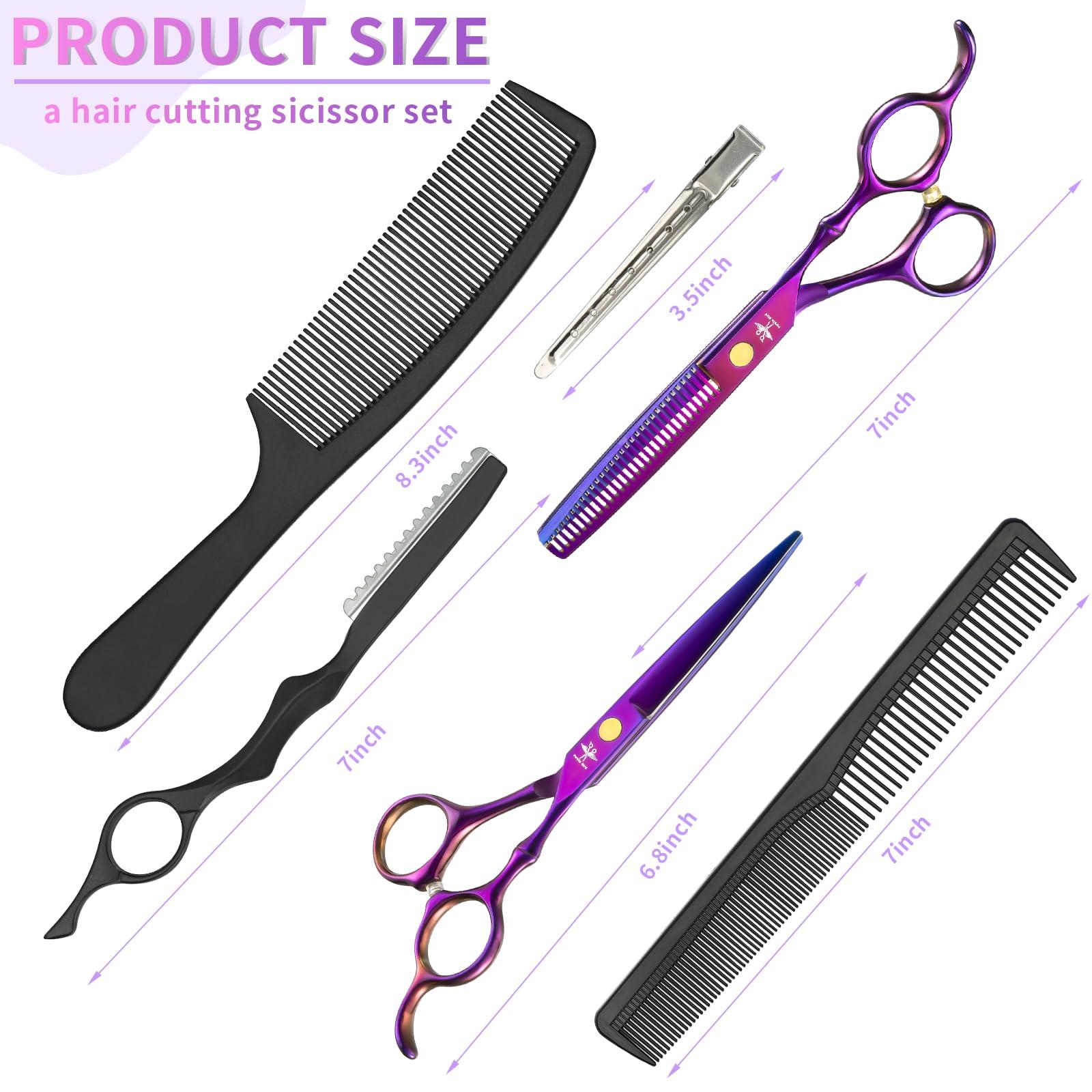 PURPLEBIRD PURPLEBIRD Hair Cutting Scissors Kit, Professional Barber Scissors Hairdressing Shears Set with Stainless Steel Hair Scissors Thinning Scissors for Men Women Pet 10 Pcs Purple