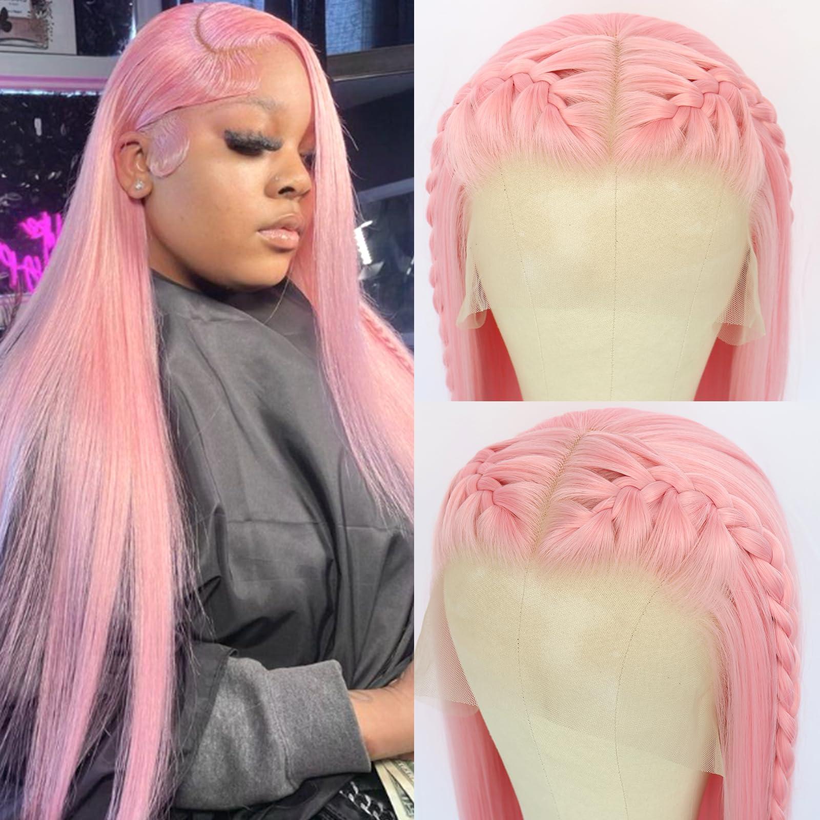 Oxeely Oxeely Light Pink Synthetic Lace Front Wigs Long Straight Hair Pink Lace Wigs Natural Hairline Pre Plucked Glueless Synthetic Lace Wigs Heat Resistant Fiber Hair Light Pink Wigs for Women Daily Wear