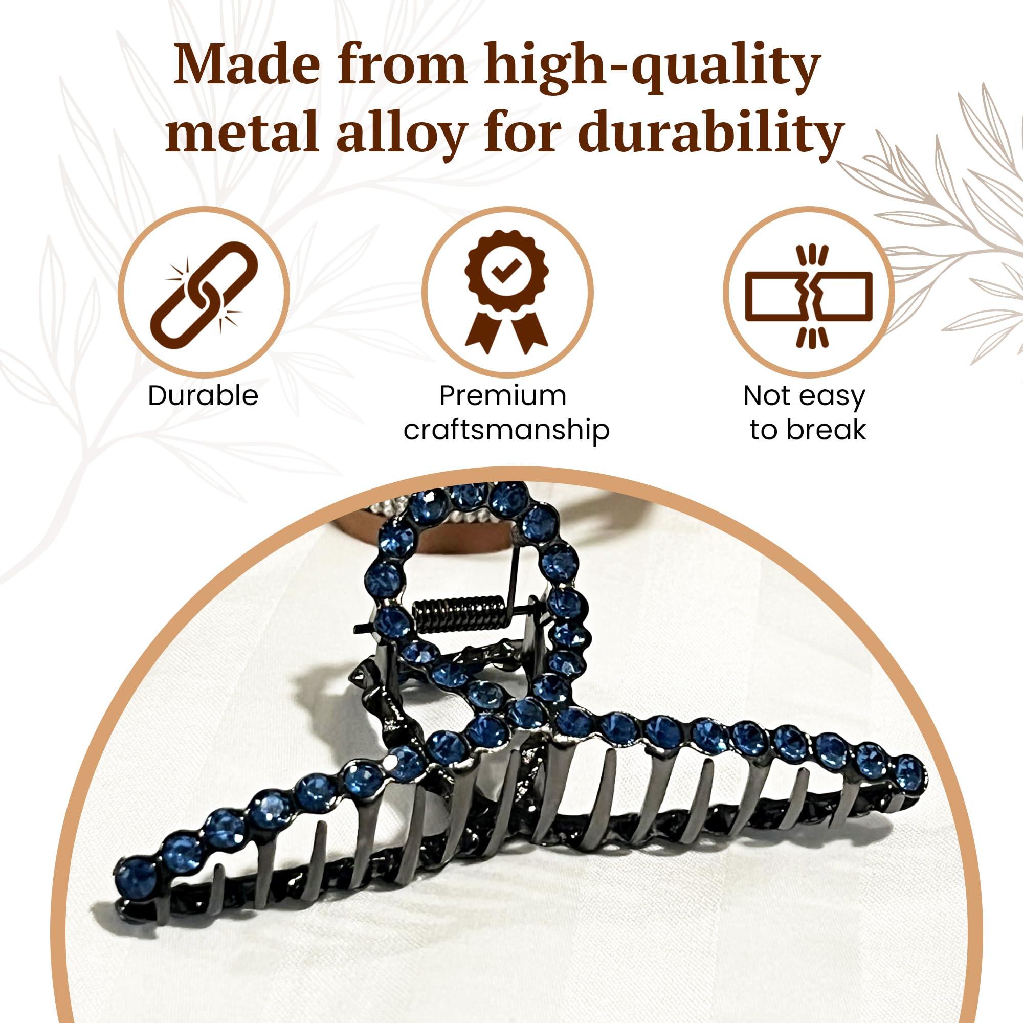 MalAAri MalAAri: Large Rhinestone Hair Claw Clips for Women, Wedding Hair Accessories, Bridal Hair Clips, Party Hair Clips, Prom, Special Events (Black Clip, Blue Stone)