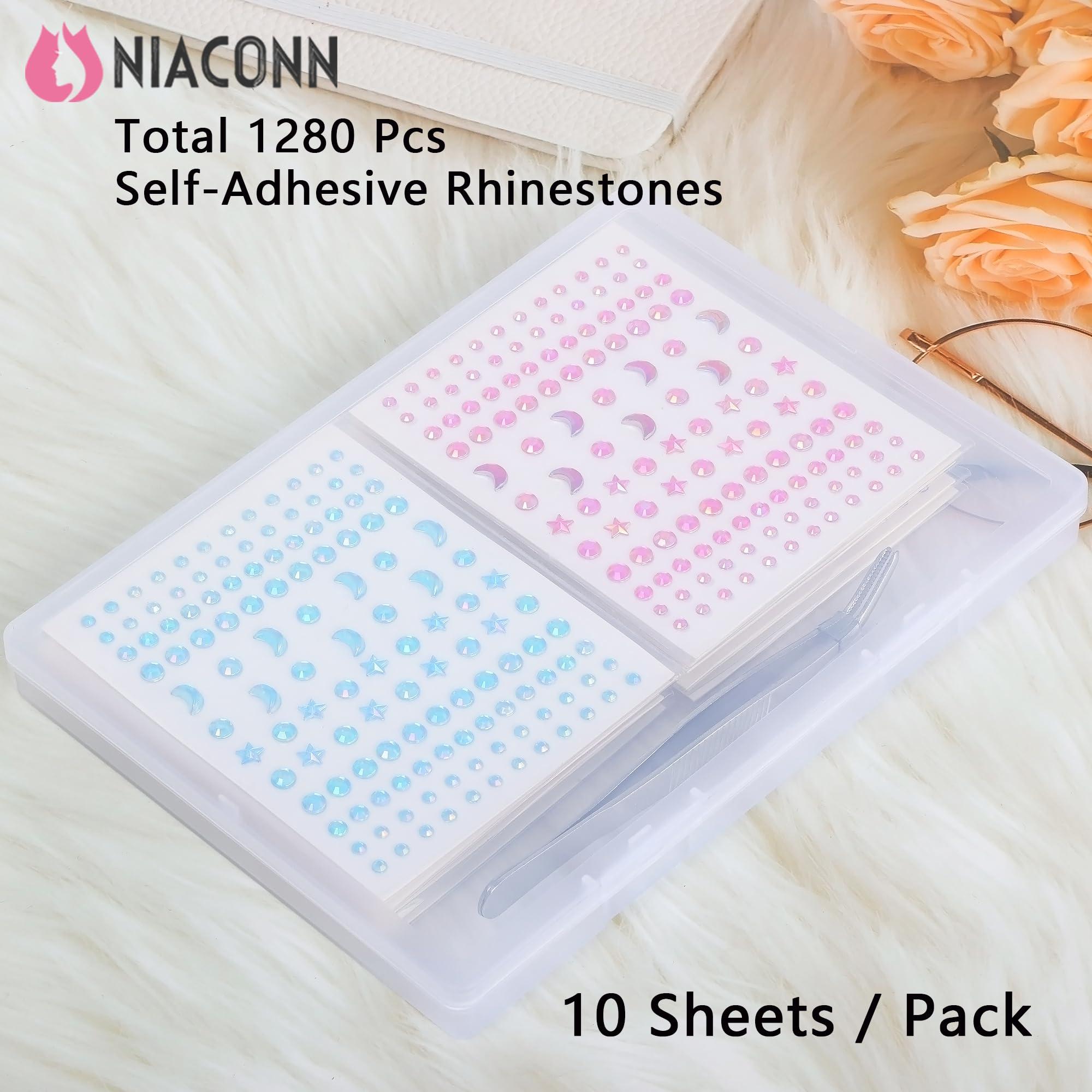 NIACONN NIACONN Face Jewels Gems Stick On, (10 Sheets/10 Colors/1280 Particles) Self Adhesive Rhinestone Hair Gems Stickers for Makeup & DIY - Star and Moon Styling