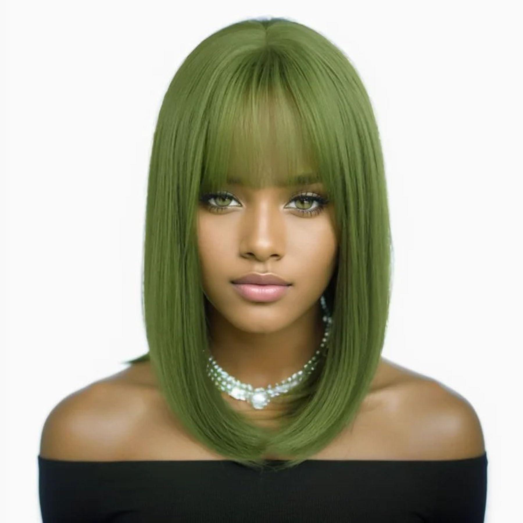 GNIMEGIL GNIMEGIL 16 inches Green Wig Cosplay with Bangs Trendy Short Straight Hair Costume Wig for Women Halloween Carnival Party Wig Heat Resistant Synthetic Fiber
