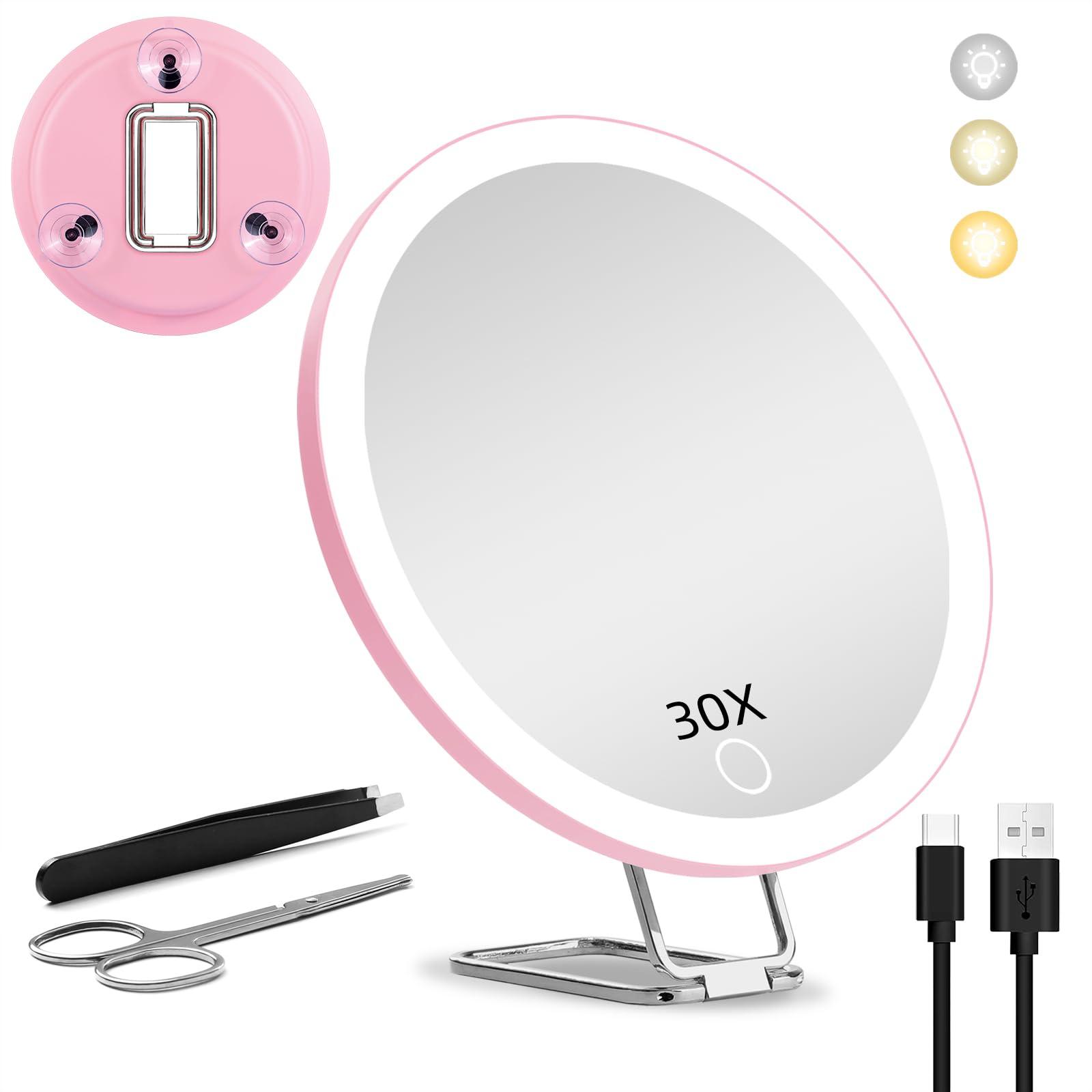 JJhxr 30X Magnifying Mirror with Light, 6\'\' Makeup Magnifying Mirror, Lighted Makeup Mirror with Magnification 30x Travel Magnifying Mirror, 30X High Magnifying Mirror with 3 Suction Cups & Adjustable Stand