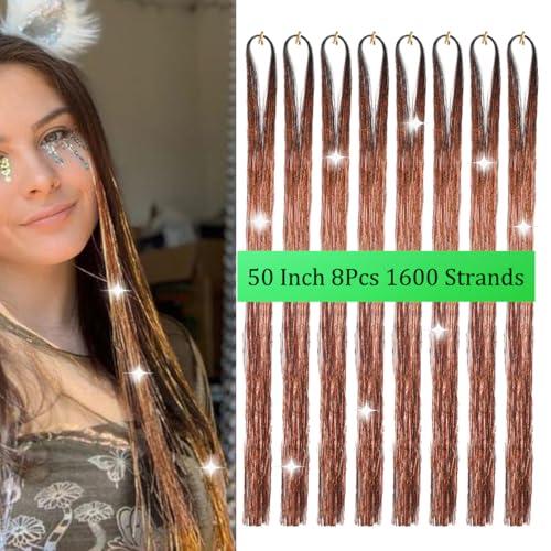 Sarannala Hair Tinsel Brown 50inch 8packs 1600 Strands Glitter Tinsel Hair Extensions Heat Resistant Highlights Sparkling Fairy Hair for Kids Women Girls(50 Inch, Brown)