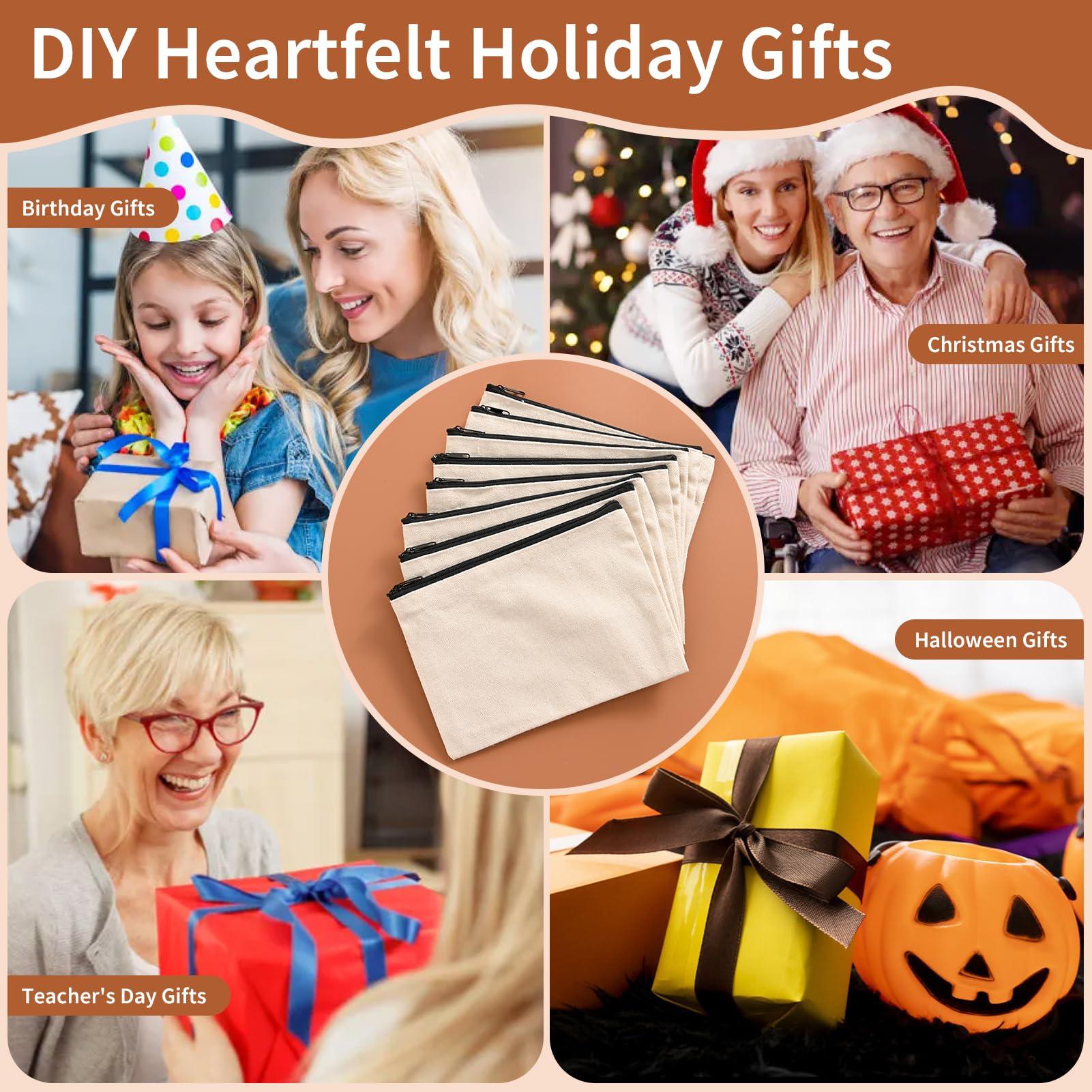 AMDAILY 50Pcs Canvas Makeup Bags Bulk, Cotton Sublimation Blank DIY Heat Transfer Cosmetic Bags w/Black Zipper for Bridesmaid Makeup Bag Travel Toiletry Pouch Storage, Christmas DIY Craft 7.87 x 5.7 Inch)