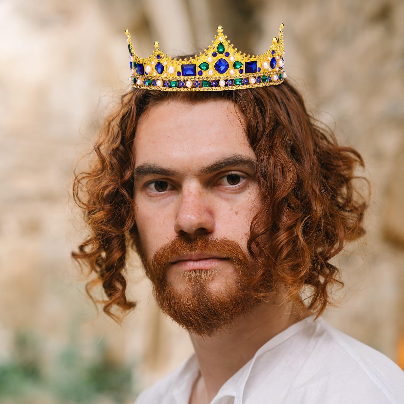 CIEHER King Crown, CIEHER King Crowns for Men Women Crystal Baroque Royal Crown Prom Crown Tiara Evil Crown Luxury Rhinestone Blue & Green Crown for Birthday King Halloween Cosplay Party Birthday Decorations