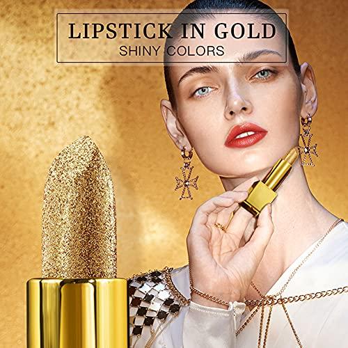 CREAMOON CREAMOON Glitter Lipstick Moisturizing Makeup Velvet Matte Gold Waterproof Lip stain Gold Lipstick Sexy Shiny Red Cosmetics Pigment Nude Rouge Lip Makeup for Weding or Daily