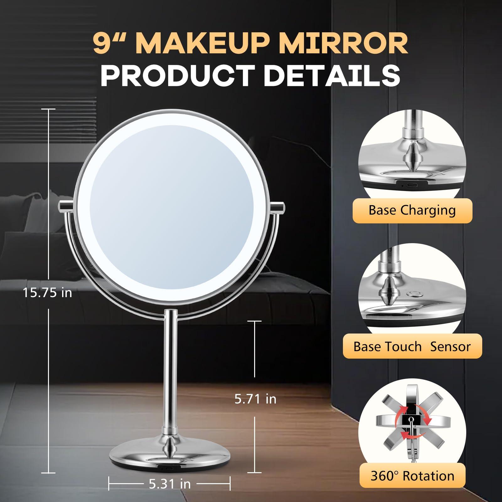 M MIVONDA 15x Magnifying Mirror with Light, Lighted Magnifying Vanity Mirror, 1 Button Contral 3 Color & Brightness Adjustable, 360Rotation Double Side Magnifying Mirror, Gift for Men & Women-Chrome LED
