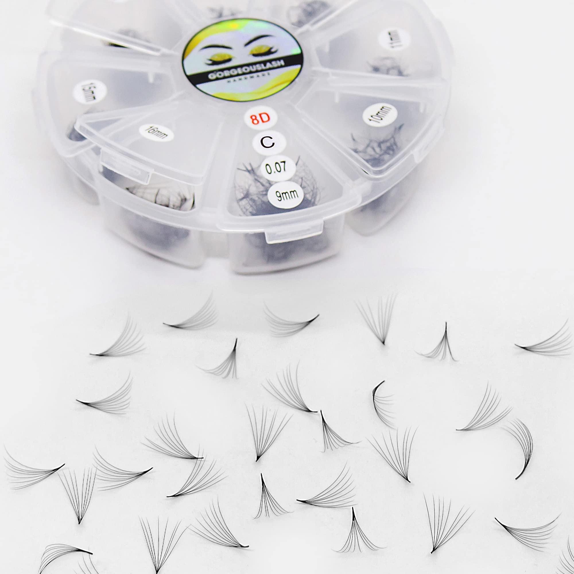 GorgeousLash Mixed Length 8D Lashes, Premade Volume Lash Fans, Eyelash Extensions. Handmade! (C Curl - 0.07, 09 to 16mm)