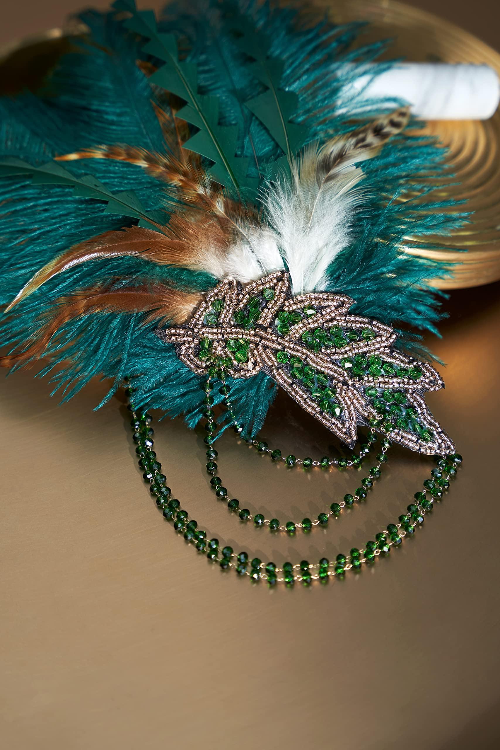 BABEYOND BABEYOND 1920s Headpiece Flapper Headband - Roaring 20\'s Sequined Showgirl Hair Band with Feather (Dark Green)