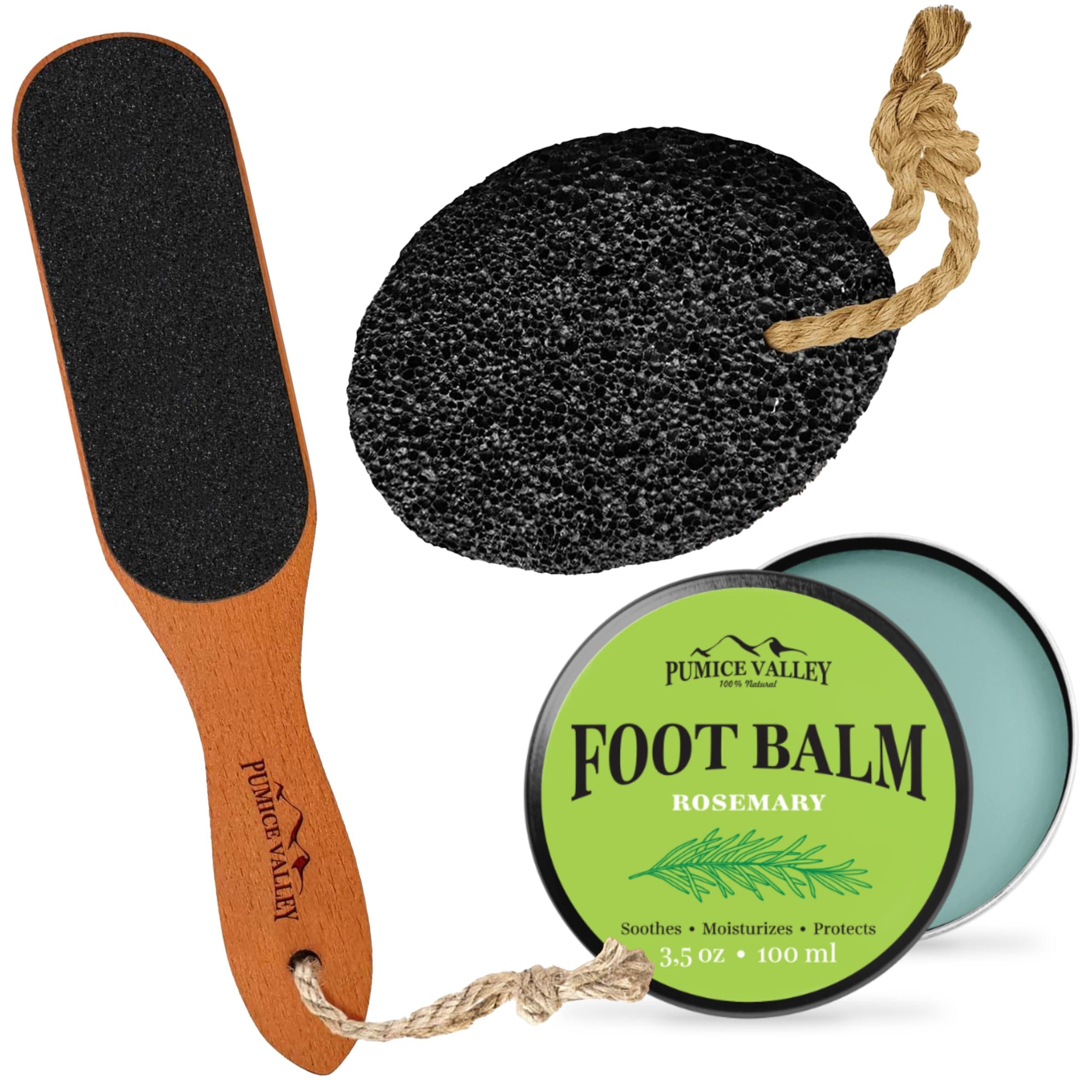 Pumice Valley Pumice Stone - Natural Earth Lava Black - Pumice Stone Foot File - Pumice Valley Foot Cream for Dry Cracked Heels and Feet - Rosemary Natural Foot Moisturizer Balm for Calluses and Dry Feet Treatment
