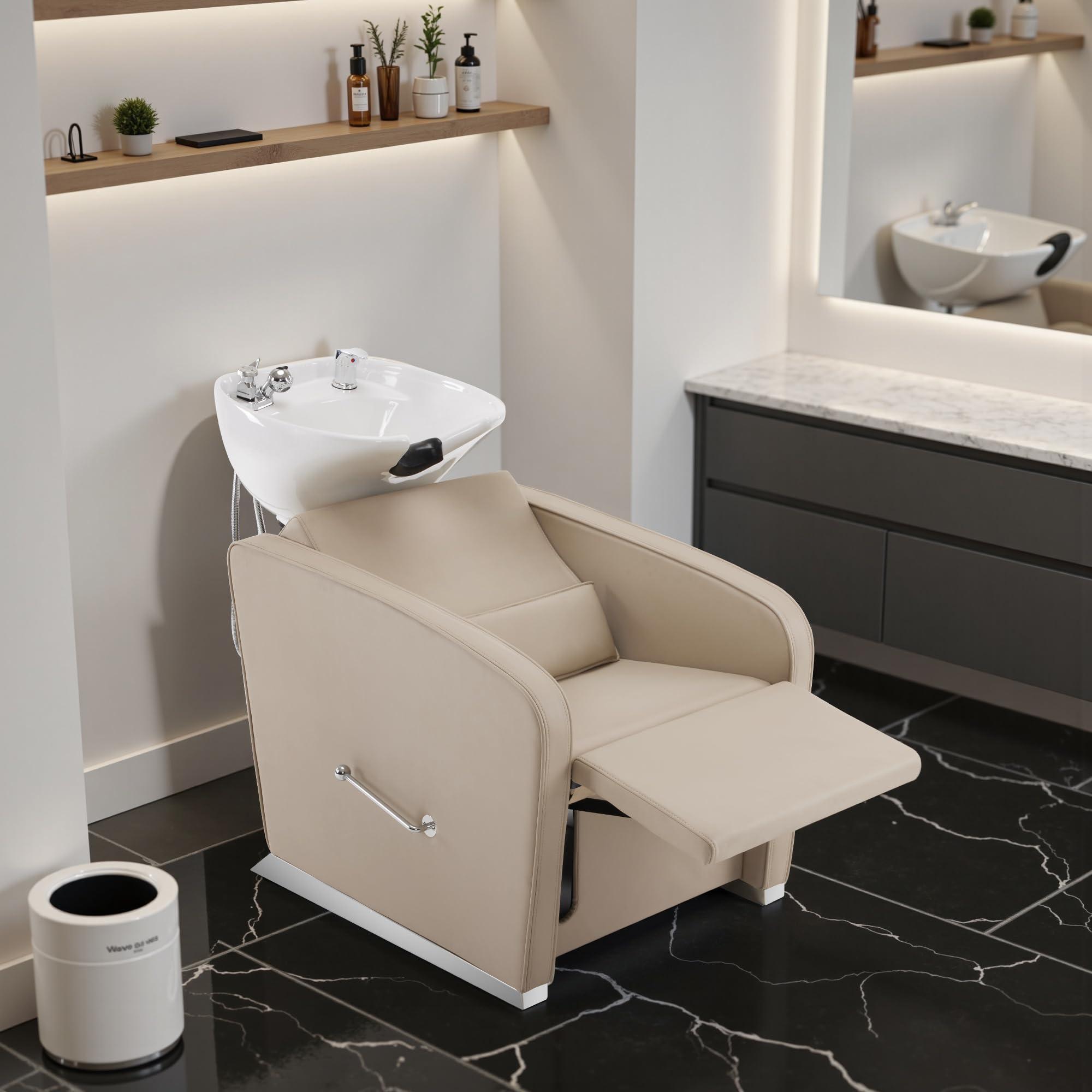 BarberPub BarberPub Backwash Shampoo Station Chair, Adjustable Porcelain Ceramic Hair Wash Bowl Sink Unit Station, Reclining Shampoo Station Chair for Spa Beauty Salon Hair Salon Equipment 9303 (Beige)