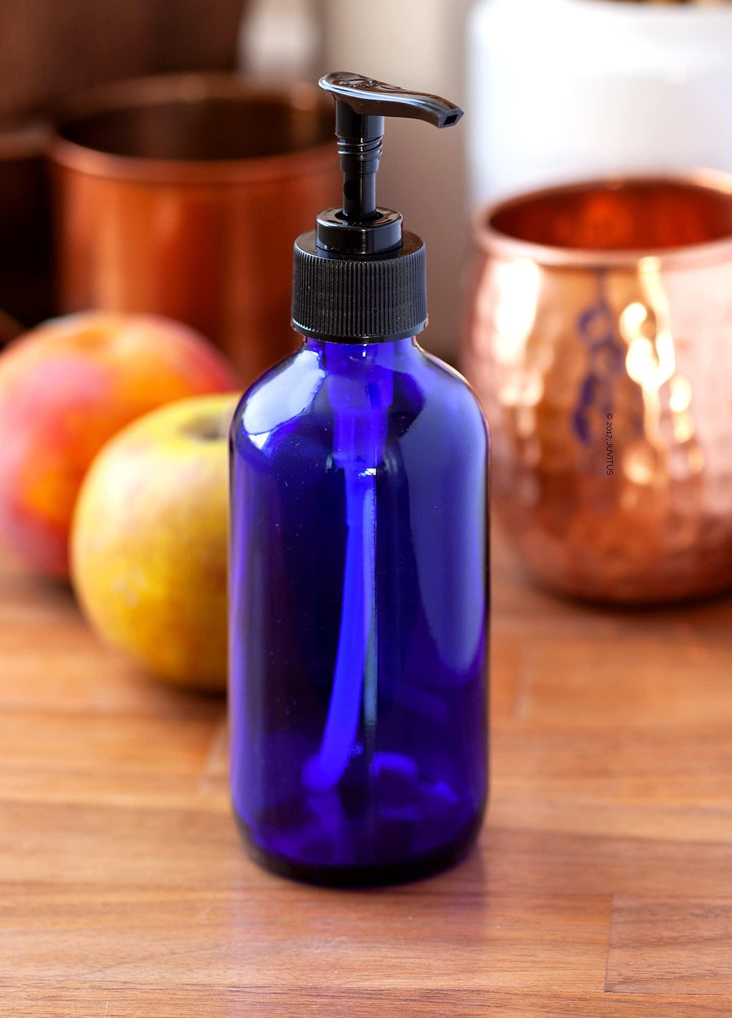 JUVITUS JUVITUS 8 oz Cobalt Blue Boston Round Glass Bottles with Black Lotion Pump (4 pack) + Travel Foamer Bottle