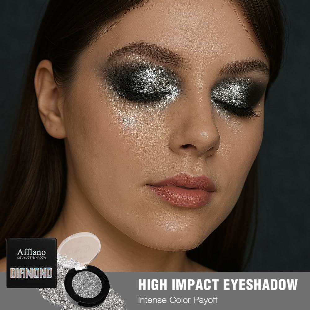 Afflano Afflano Silver Glitter Eyeshadow Super Pigmented, Intense Color Gray Silver Eyeshadow Palette Single, Long Lasting Sparkle Shimmer Metallic Glitter Eyes Look, Blendable Neutral Grey Eye Shadow Makeup