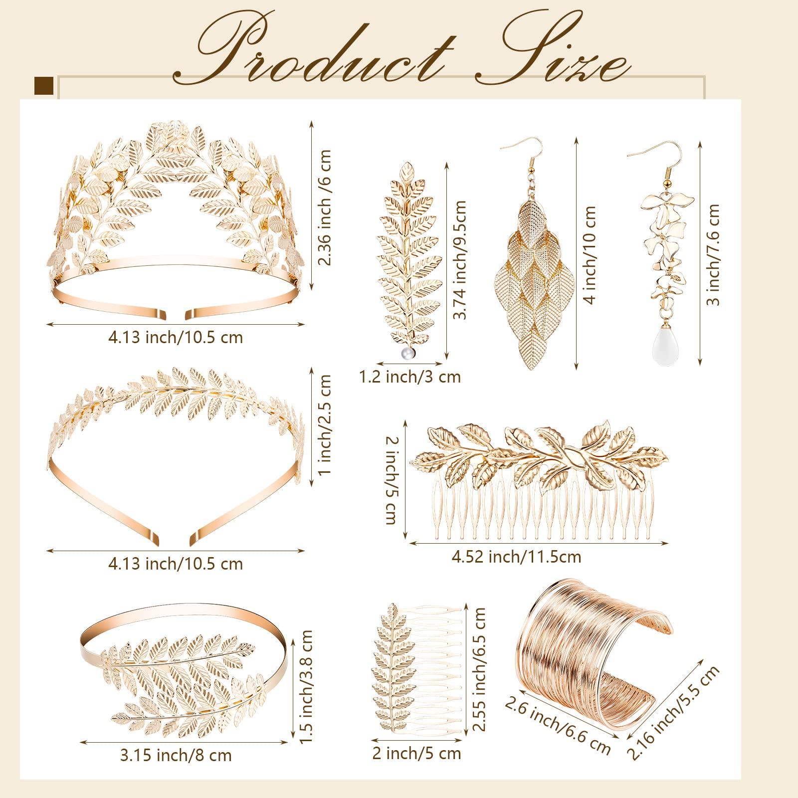 Sureio Sureio 12 Pieces Halloween Greek Goddess Costume Accessories Set Golden Leaves Bridal Hair Headband Hair Comb Coil Upper Crown Armband Dangle Earrings Bridal Headpiece for Wedding Party Accessories