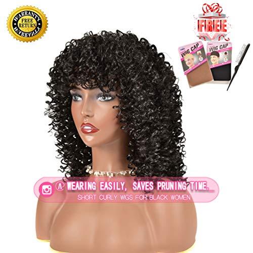 rosmile rosmile Curly Wigs for Black Women - Natural Black Synthetic African American Full Kinky Curly Afro Hair Wig with Bangs