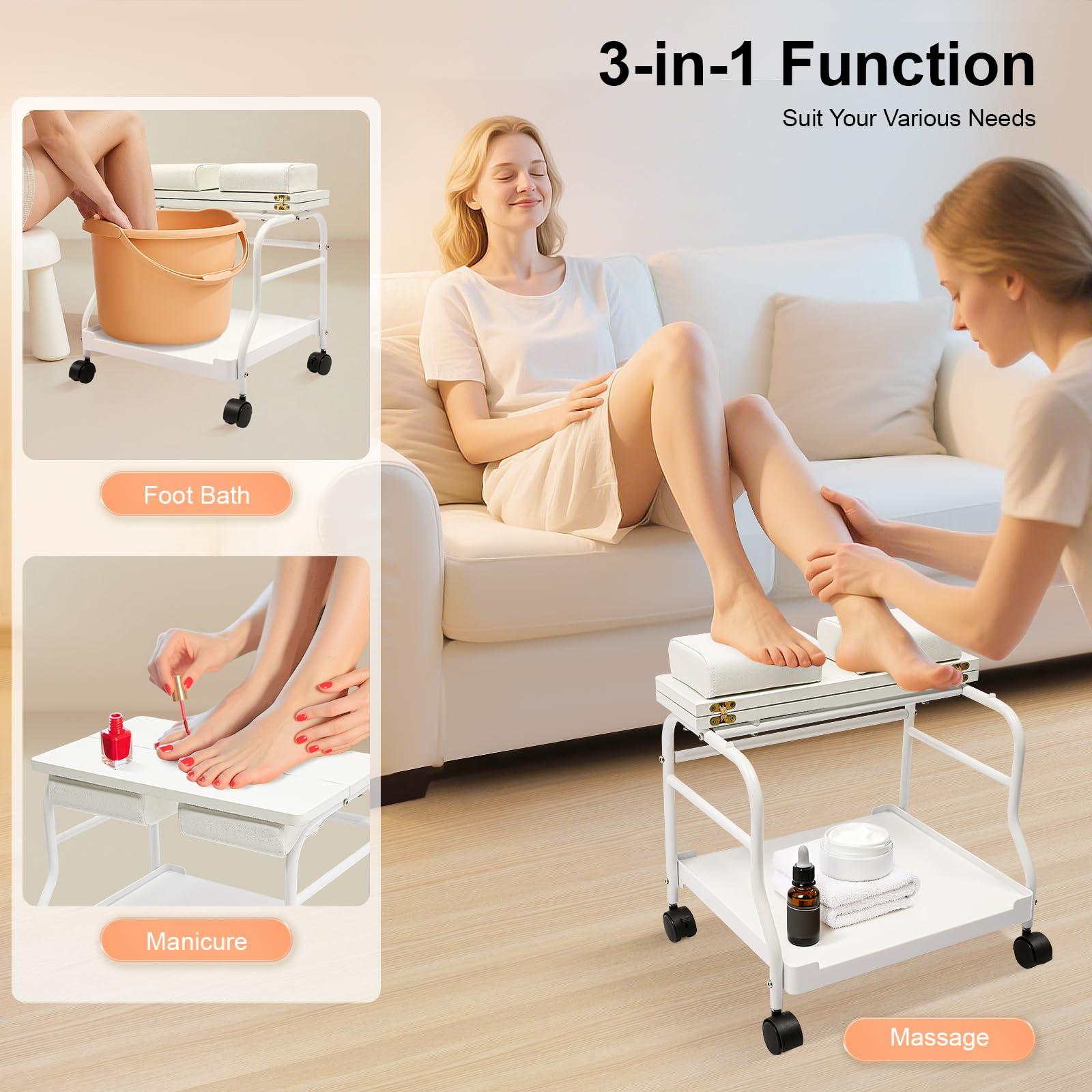 DHBREK DHBREK Pedicure Foot Spa Bath Trolley Cart Portable Esthetician Trolley Cart Beauty Salon Nail Or Foot Bath for Spa Foot Rest Pedicure Massage Manicure Funiture Table 2 Cushion Salon Supplies (White)
