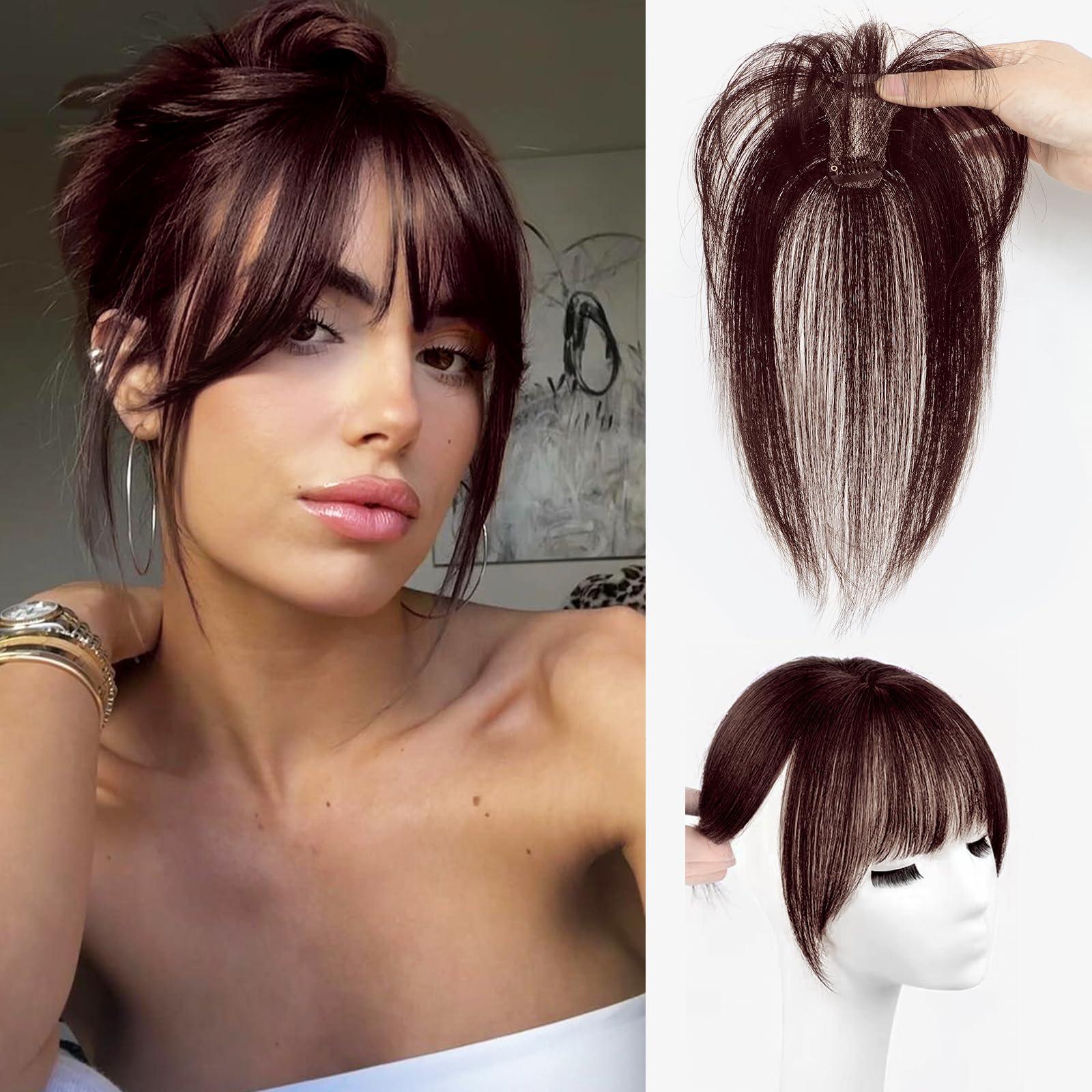YOUKNOWIG YOUKNOWIG Bangs Hair Clip in Bangs Hair Toppers for Women 100% Real Human Hair Clip on Bangs for Women Dark Brown Wispy Fack Bangs 360Cover Lace Topper Bangs for Daily Wear