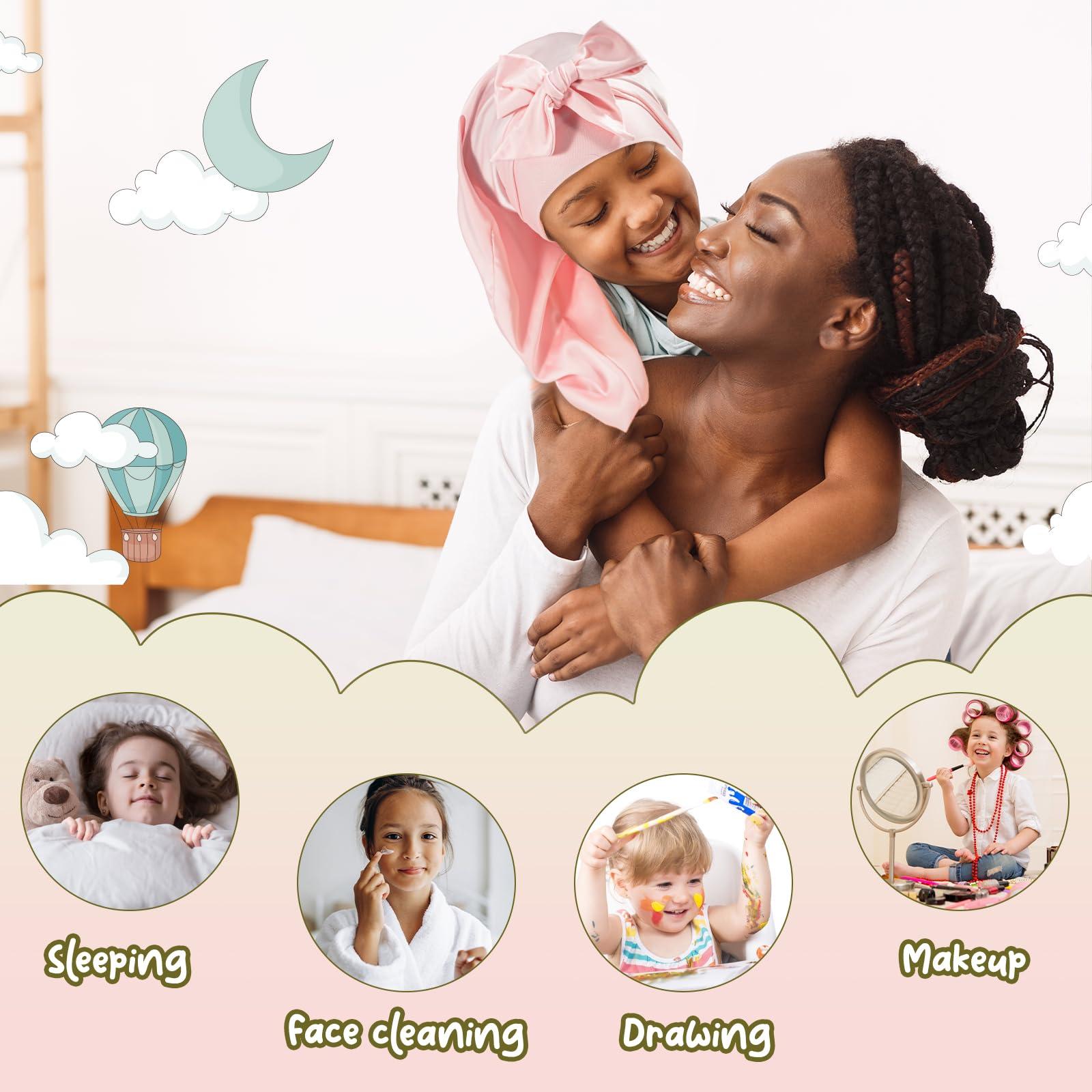 Lolalet Lolalet Kids Bonnets for Girls, Long Silk Bonnet for Sleeping Kids Satin Bonnet Cap with Tie Band for Dreadlocks Braid Afro Curly Hair -2 PCS, Green & Pink