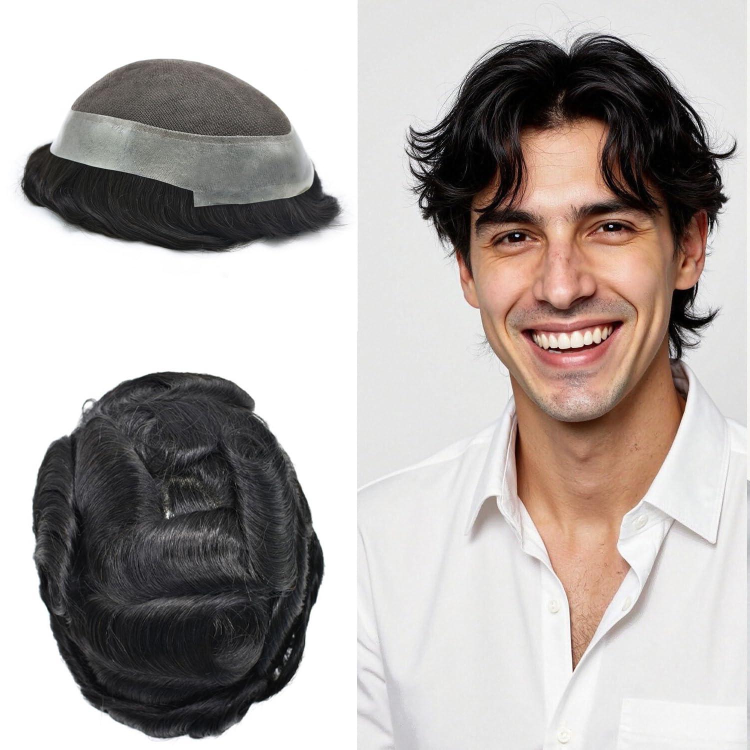 Generic Toupee For Men Hair Replacement System For Men Swiss Lace Mens Hair System Hair Pieces For Men Real Human Hair Mens Toupee Natural Hairline 6x8Medium light density 1# JET BLACK