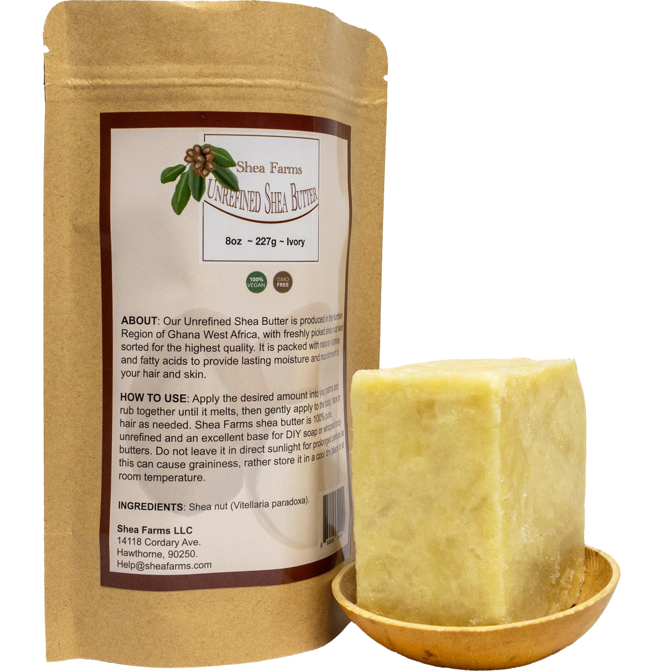 Shea Farms Raw Shea Butter - 8oz/.5lb Unrefined Shea Butter - Moisturizing African Shea Butter for All Skin Types - 100% Natural and Pure - Use it alone, as a base for Soap or Whipped Body Butter