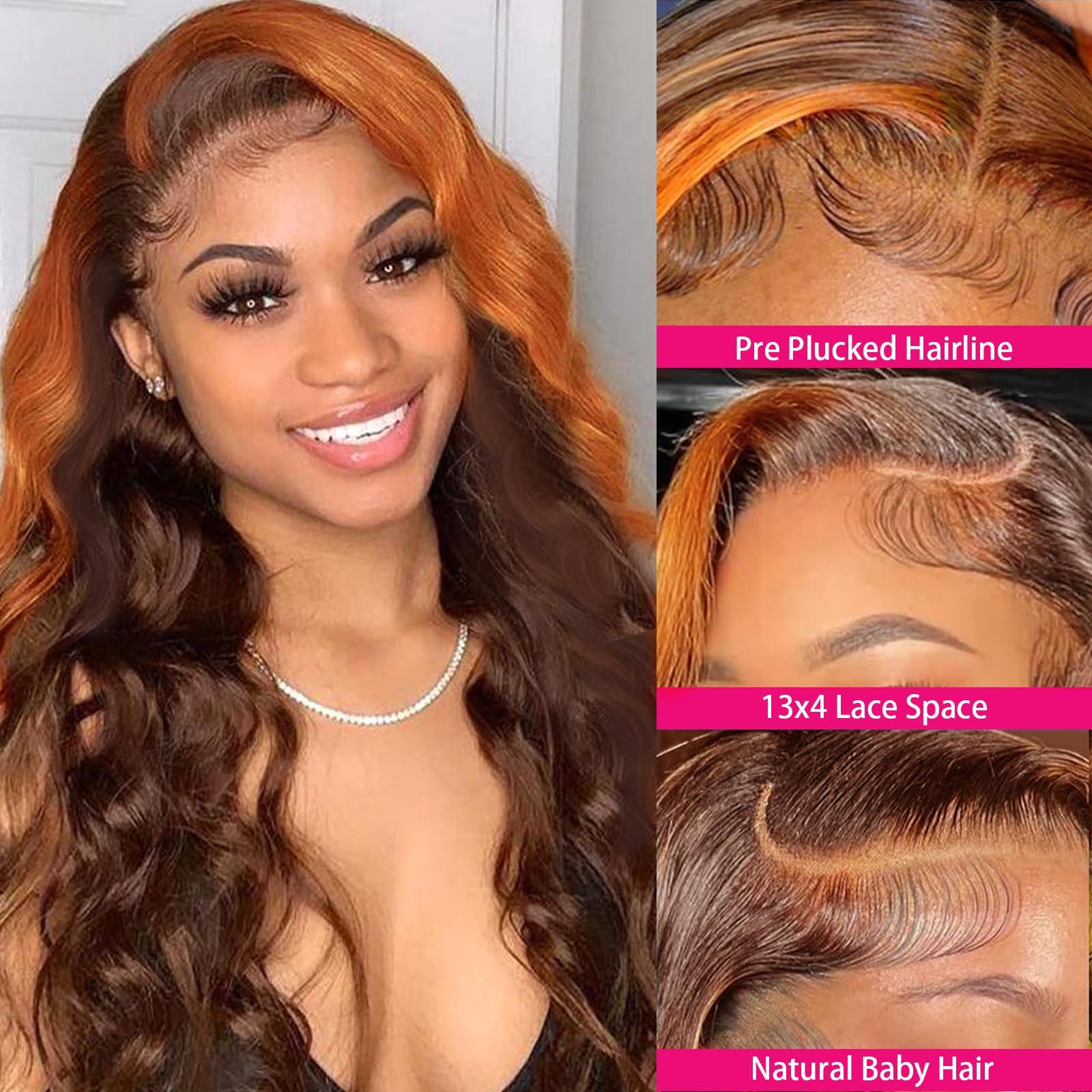 haha haha Chocolate Brown and Ginger Skunk Stripe Lace Front Wig Human Hair Ginger Orange Ombre Highlight Lace Front Wigs Pre Plucked Bleached Knots 13x4 Body Wave Frontal Wig 28 Inch 150% Density