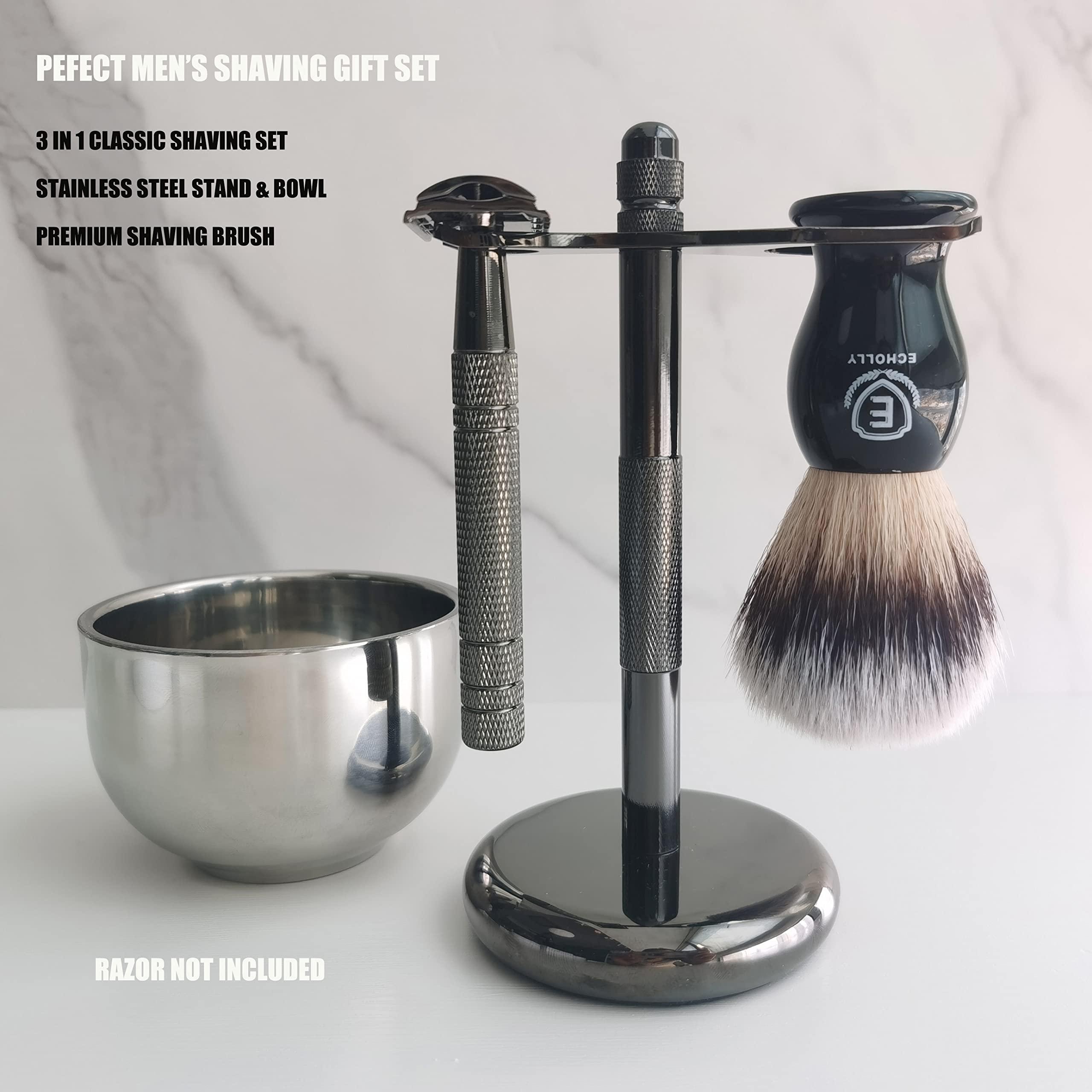 ECHOLLY 3 in1 Premium Shaving Brush Kit for Men Includes Vegan Badger Synthetic Hair Shaving Brush,Stainless Steel Shaving Soap Bowl,Heavy Safety Stand for Mens Gift (Deluxe Black)
