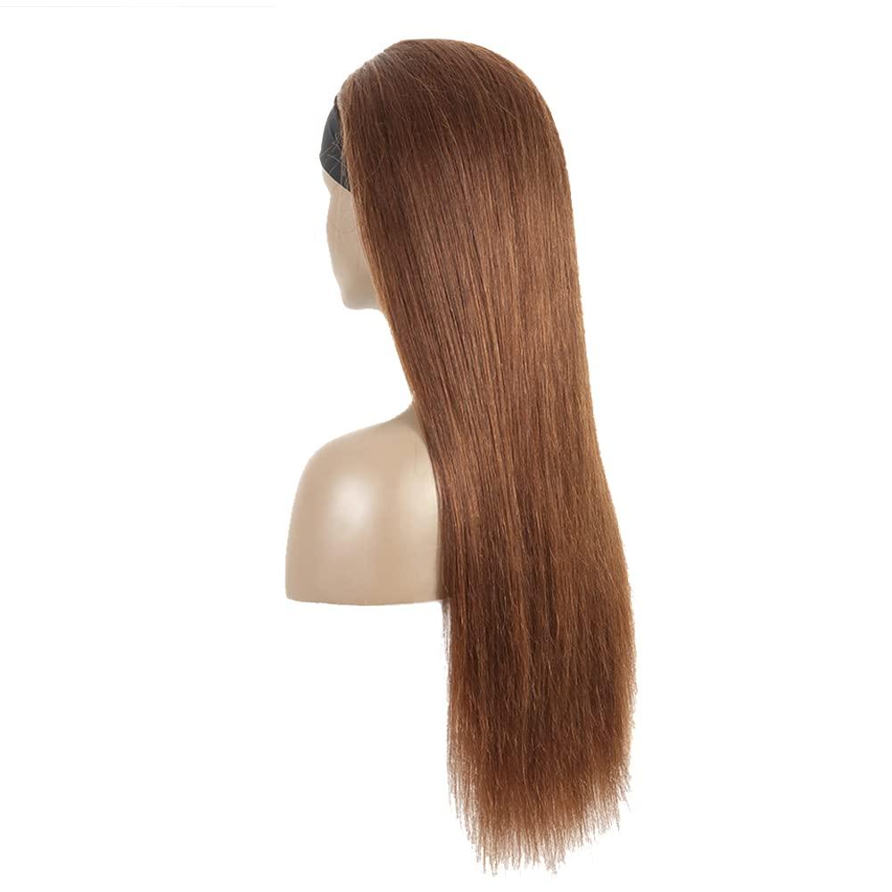YiweYowe #4 Chocolate Brown Headband Wig Human Hair Machine Made Headband Wig Grade 8A Glueless Brazilian Remy Human Hair Wavy Wig 150% Density No Lace Wig 28 Inch #4 Straight Brown Wave Wig Human Hair