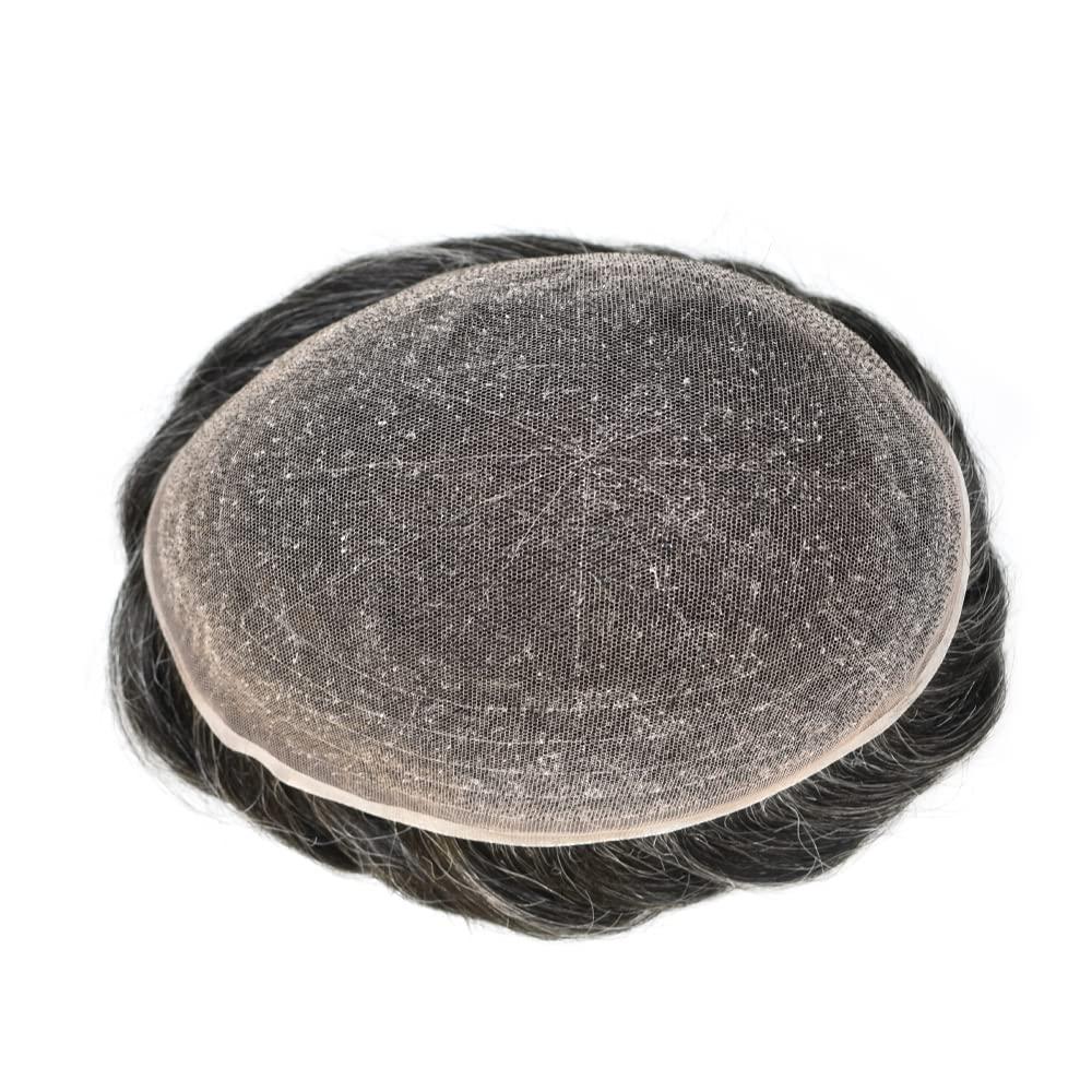 Hair Wonders Toupee For Men Real Human Hair Mens Toupee Hair Replacement System Swiss Lace Hair Piece For Men Hair System6x9\"-100% light to medium density#1B30 1B# OFF BLACK+30% GREY