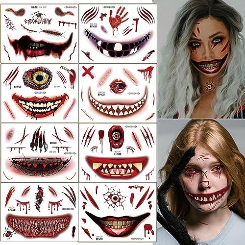 BWDCQMX Halloween Clown Horror Mouth Tattoo 3D Fake Scars Tattoo Temporary Scary Big Mouth Face Tattoos Decals Kits Prank Props for Halloween Cosplay Party Decorations