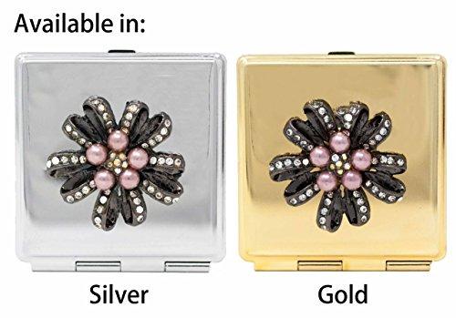 Stephanie Imports Folding Compact Pocket Makeup Mirror With Swarovski Rhinestone Crystals Double Sided (5x magnification + 1x magnification) (Golden Flower (Square))