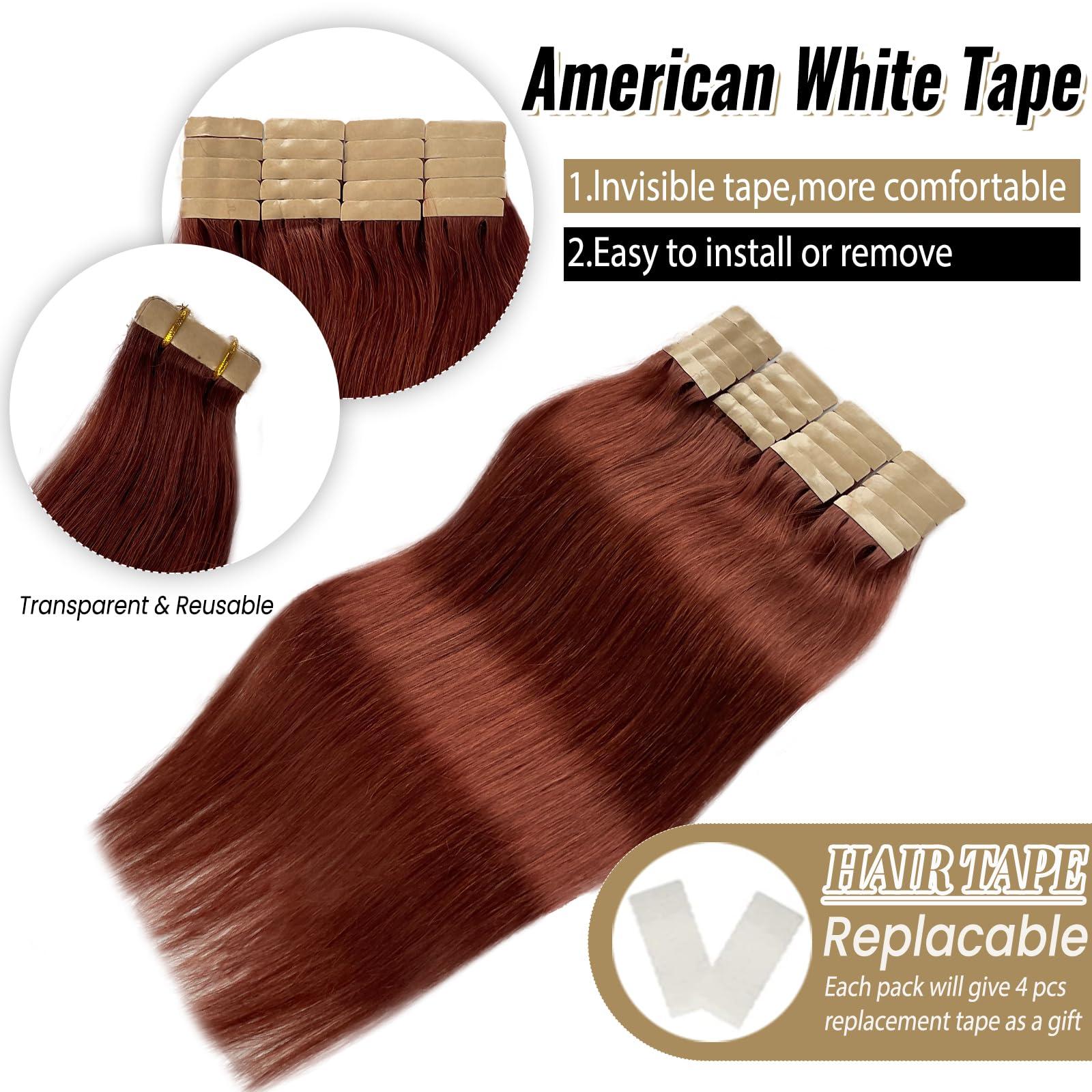 Munx Munx Real Hair Extension Dark Auburn Tape in Human Hair Extension 18inch 20pcs 40g Tape in Remy Silky Straight Natural Hair Extensions
