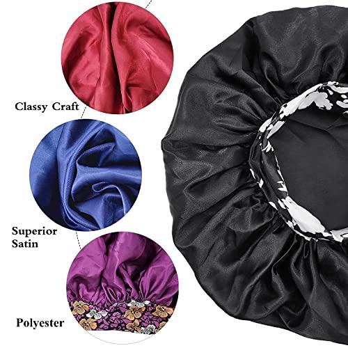 COSBAY 2PCS Satin Bonnets For Women,Soft Wide Elastic Band Silk Bonnet,Satin Silk Single Layer Large Satin Bonnet,Sleep Cap For Curly Hair,Satin Cap For Natural Braids Hair(Black+Wine Red)