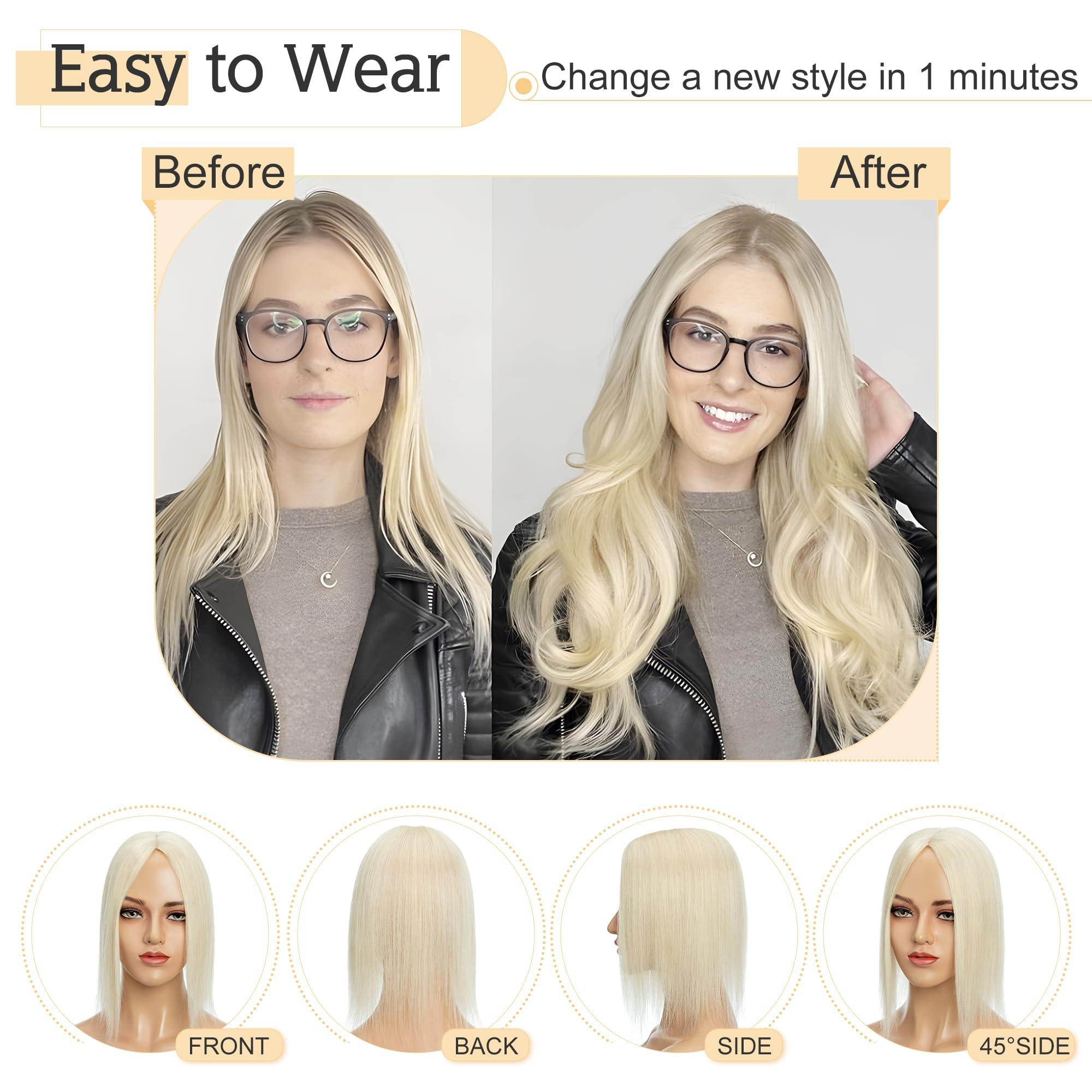 SEGO SEGO Human Hair Toppers for Women With Thinning Hair 7 * 13CM Silk Base 100% Real Human Hair Clip in Top Wiglet Hair Pieces -16 Inch No Bangs Platinum Blonde