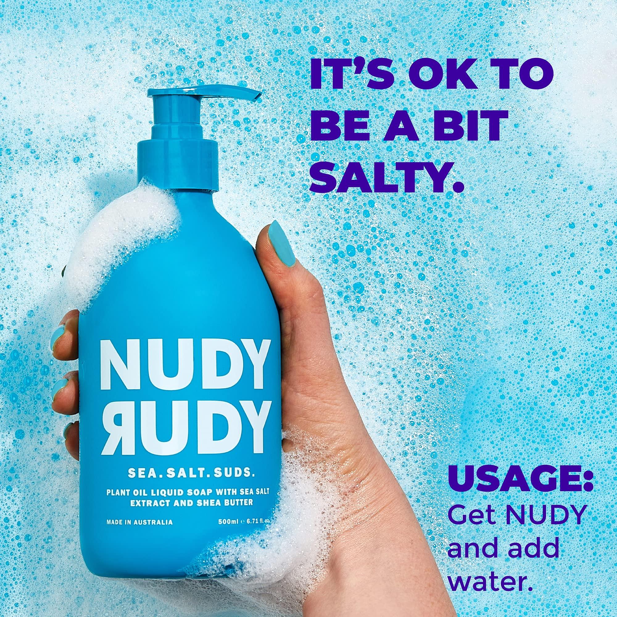 Nudy Rudy Nudy Rudy Sea Salt Suds 2 Pack, Liquid Body Wash Bundle with Bonus Soap Bar, Aloe Vera and Vitamin E, Moisturizing Shower Gel and Hand Soap for Men and Women 16.9 fl oz and 4.2 oz