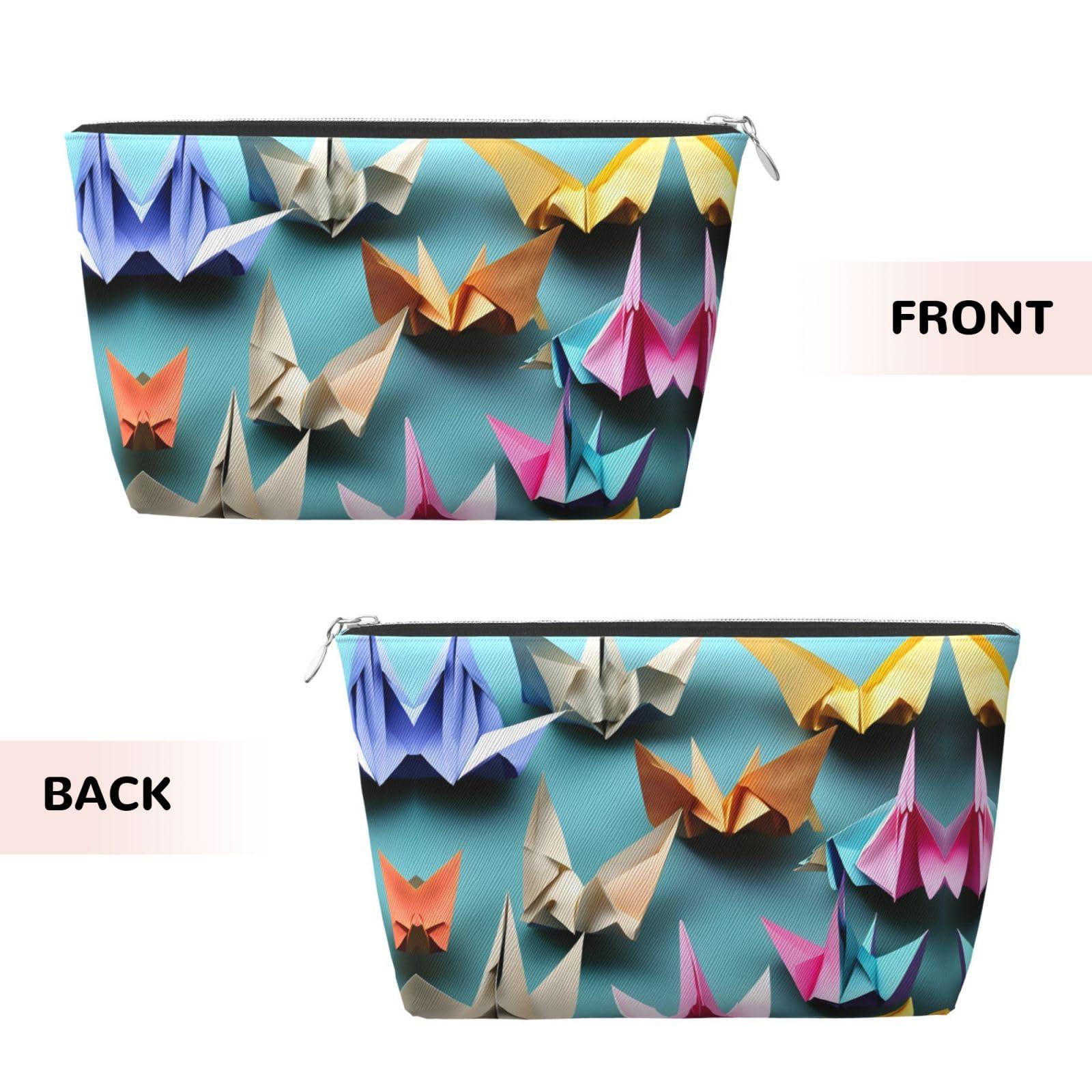 ZhanMg Silver Leather Travel Toiletry Bag - Reusable origami paper crane Cosmetic Makeup Accessories Organizer - Women Purse with Zipper